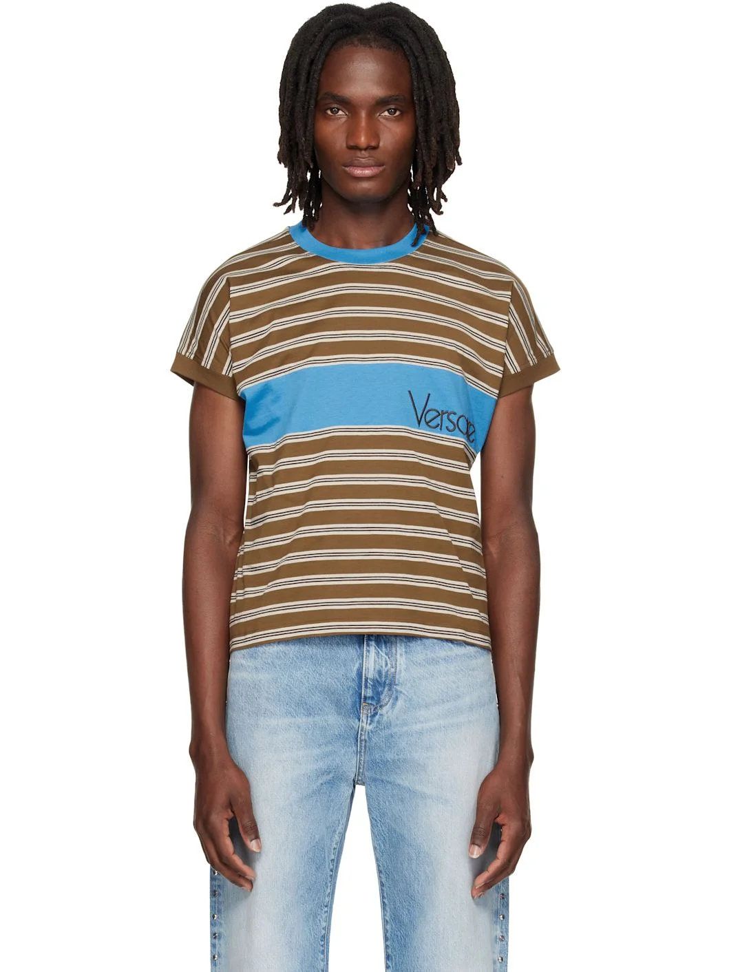 Brown Embroidered-Logo Striped-Intarsia Cotton T-shirt - 1