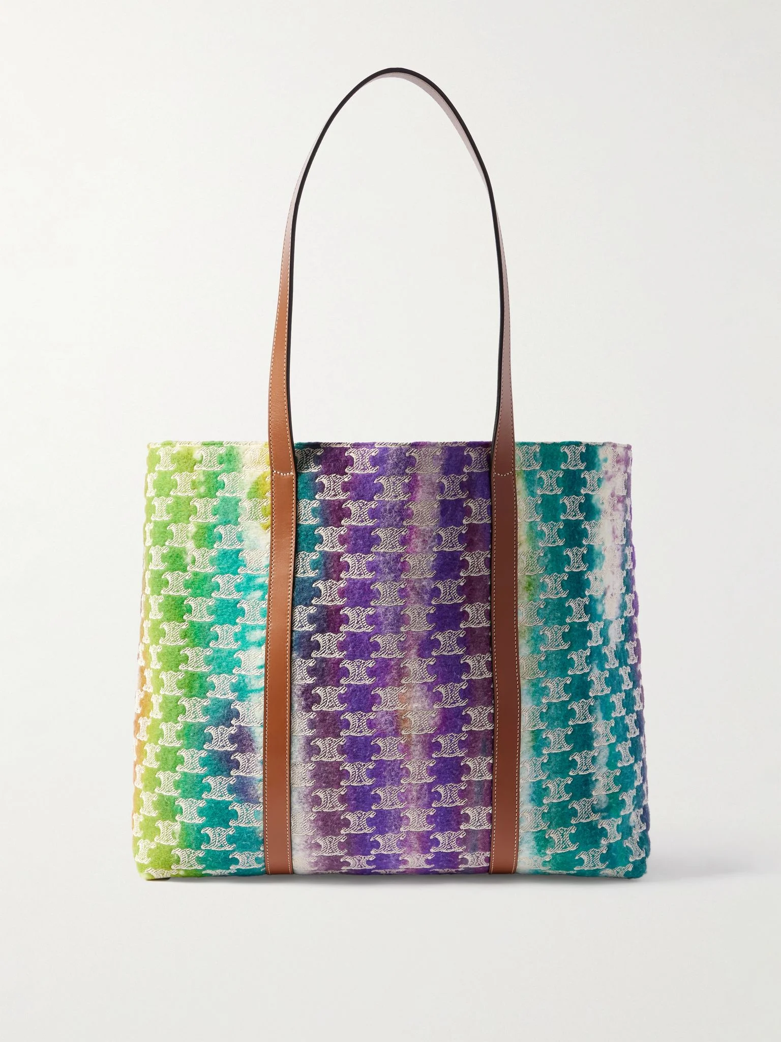 Leather-Trimmed Logo-Embroidered Wool Tote Bag Blue - 1