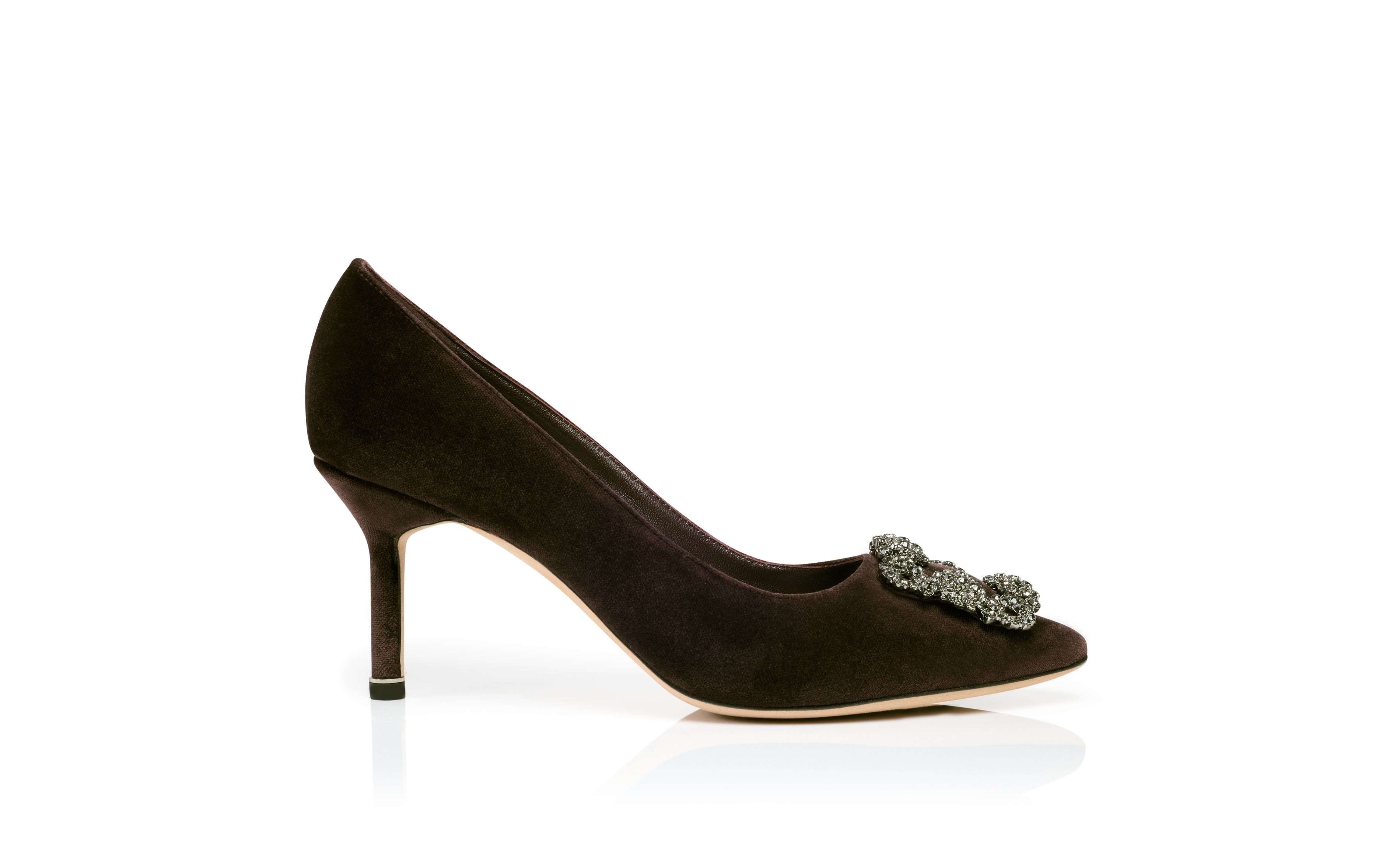 Dark Brown Velvet Jewel Buckle Pumps - 1