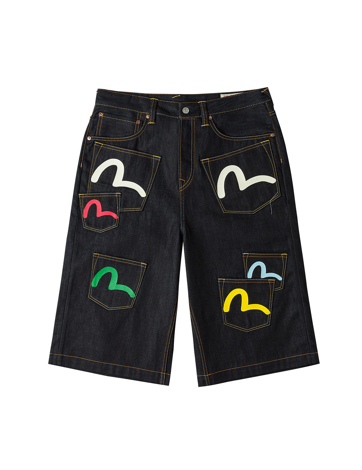 Seagull Print and Multi-Pocket Fashion Fit Denim Shorts - 12