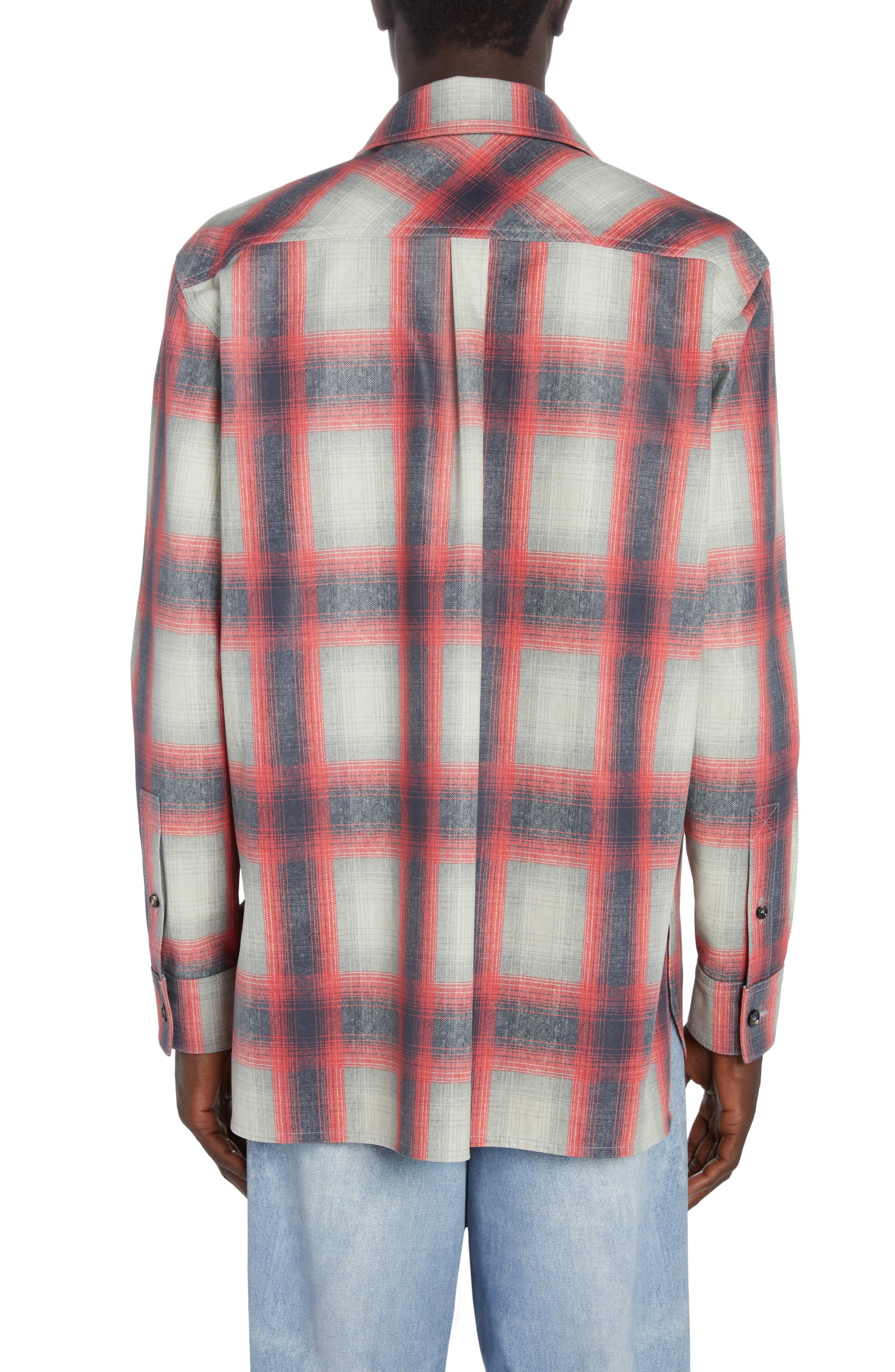 Bottega Veneta Check Print Leather Button-Up Shirt in Grey/Red/Black at Nordstrom - 3