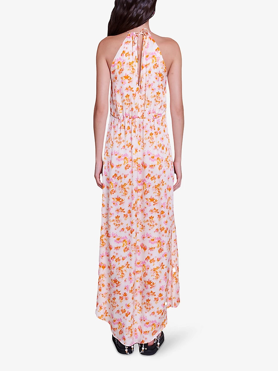 Floral-pattern drawstring-neck satin maxi dress - 4