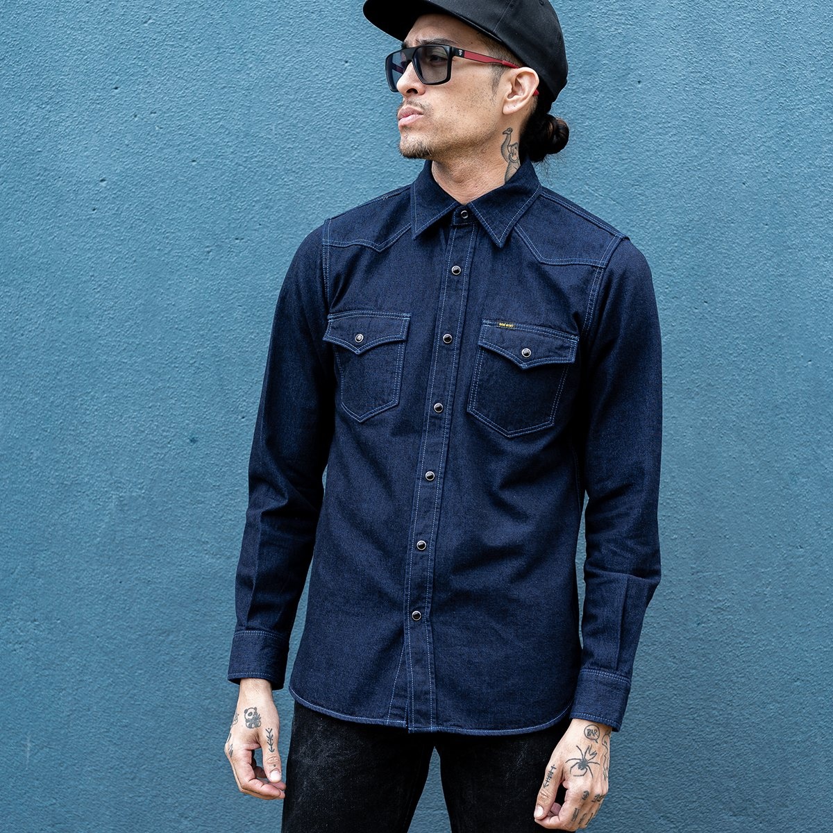 IHSH-352-BLU 10oz Selvedge Denim Western Shirt - Indigo Overdyed Blue - 4