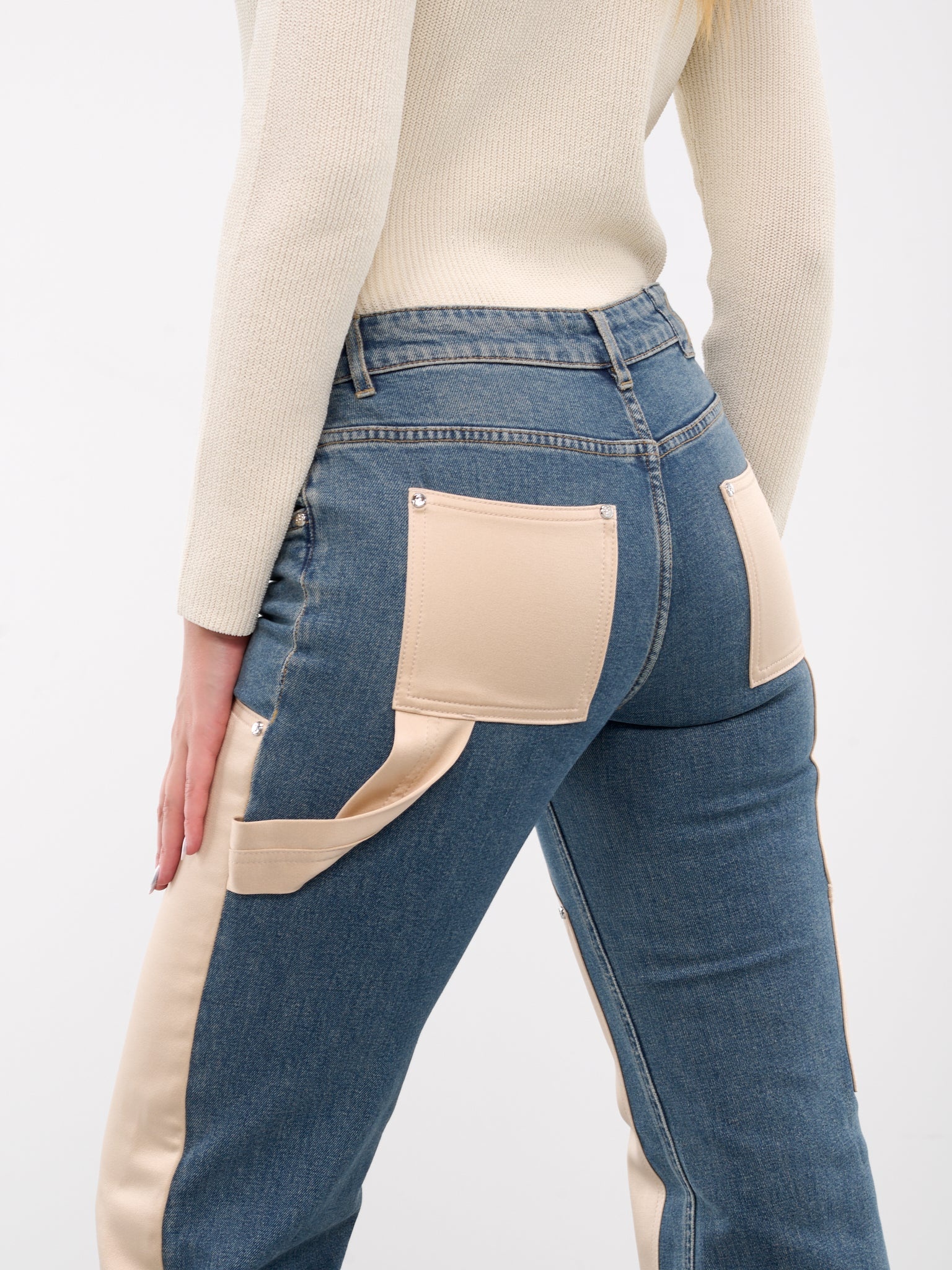 Satin Paneled Denim Jeans - 4