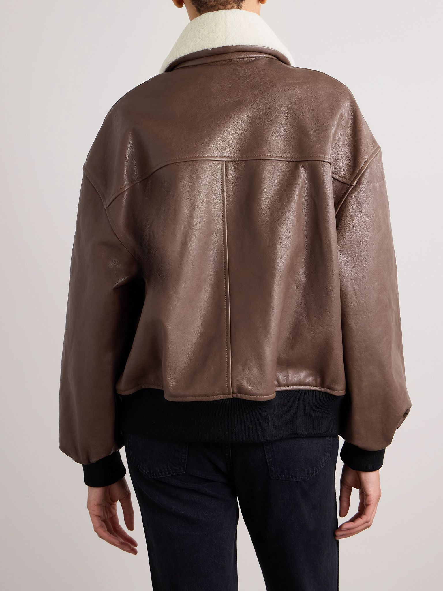 Shellar oversized shearling-trimmed leather jacket Brown - 4