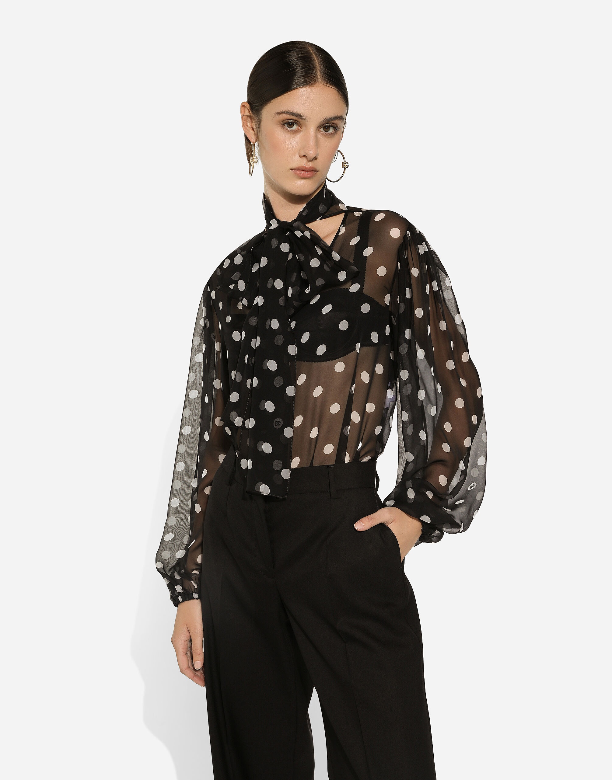 Chiffon pussy-bow blouse with polka-dot print - 4