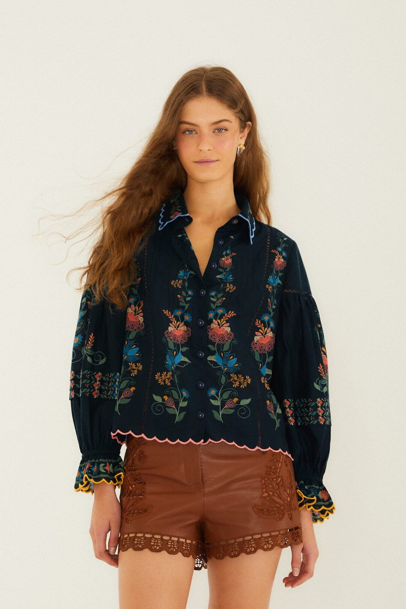 Navy Blue Stitched Garden Wavy Hem Blouse 1