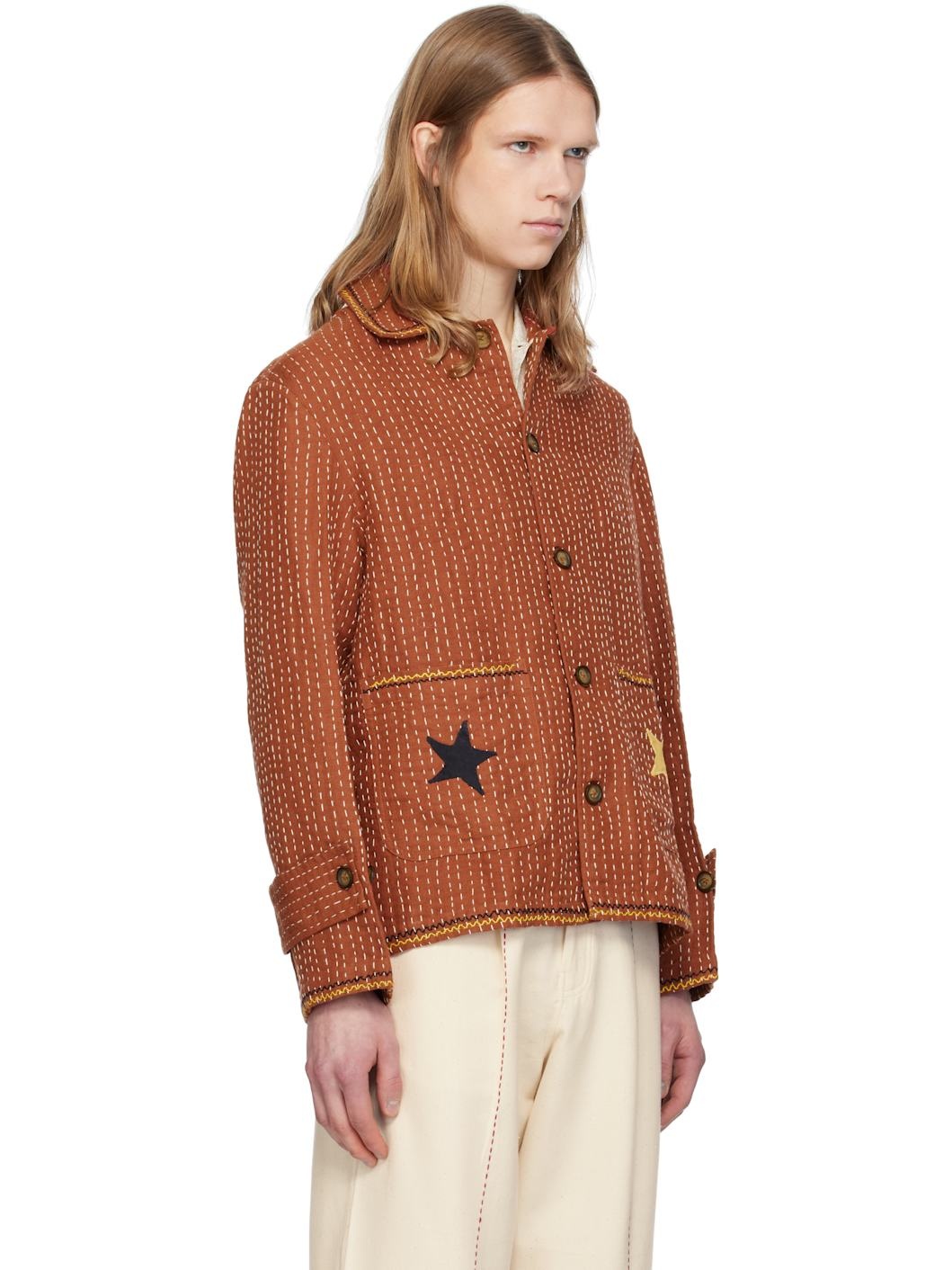 Brown Kantha Applique Jacket - 2