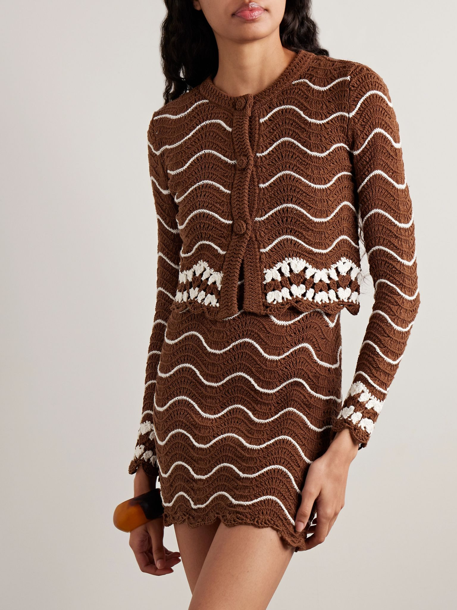 Jolene scalloped striped cotton cardigan Brown - 3