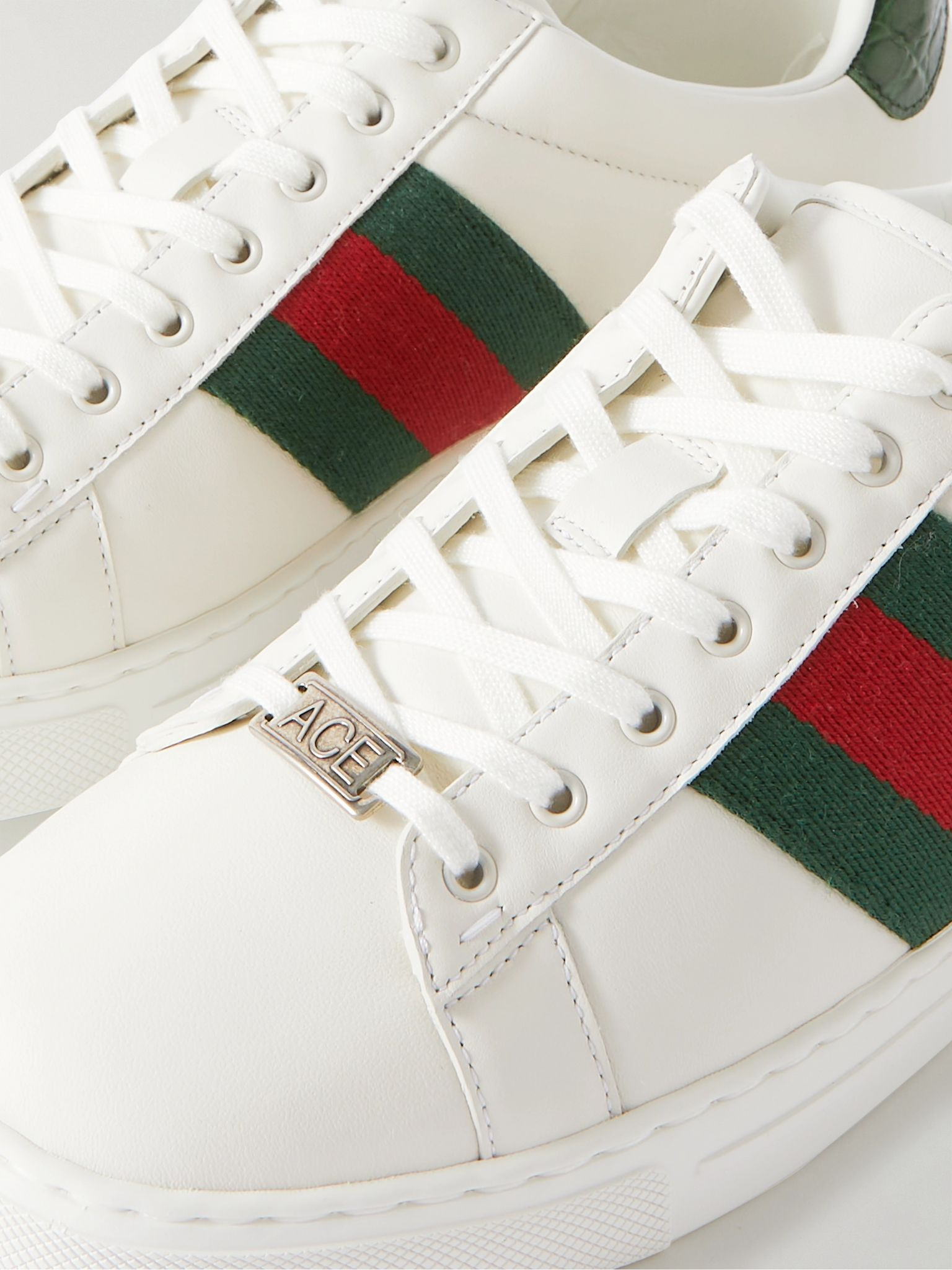Ace Webbing-Trimmed Leather Sneakers White - 6