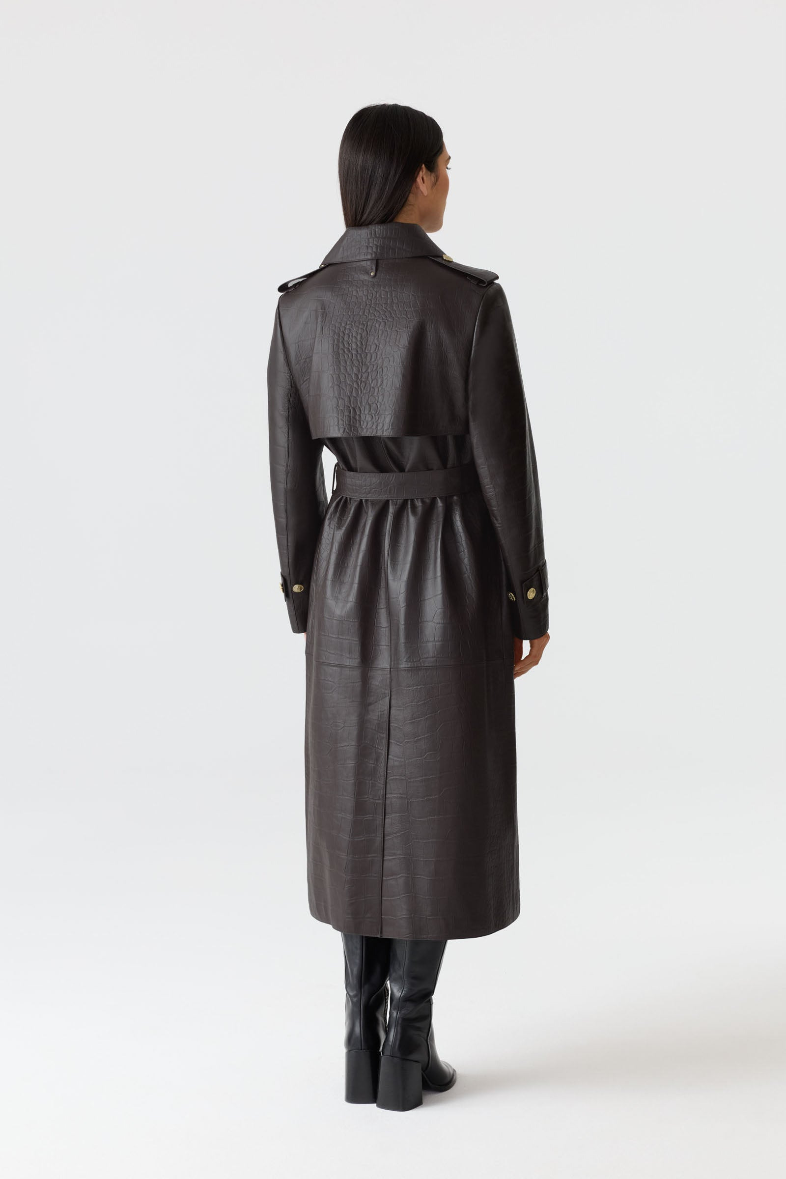 GAEL-NV Croc-Embossed Maxi Leather Trench Coat - 2