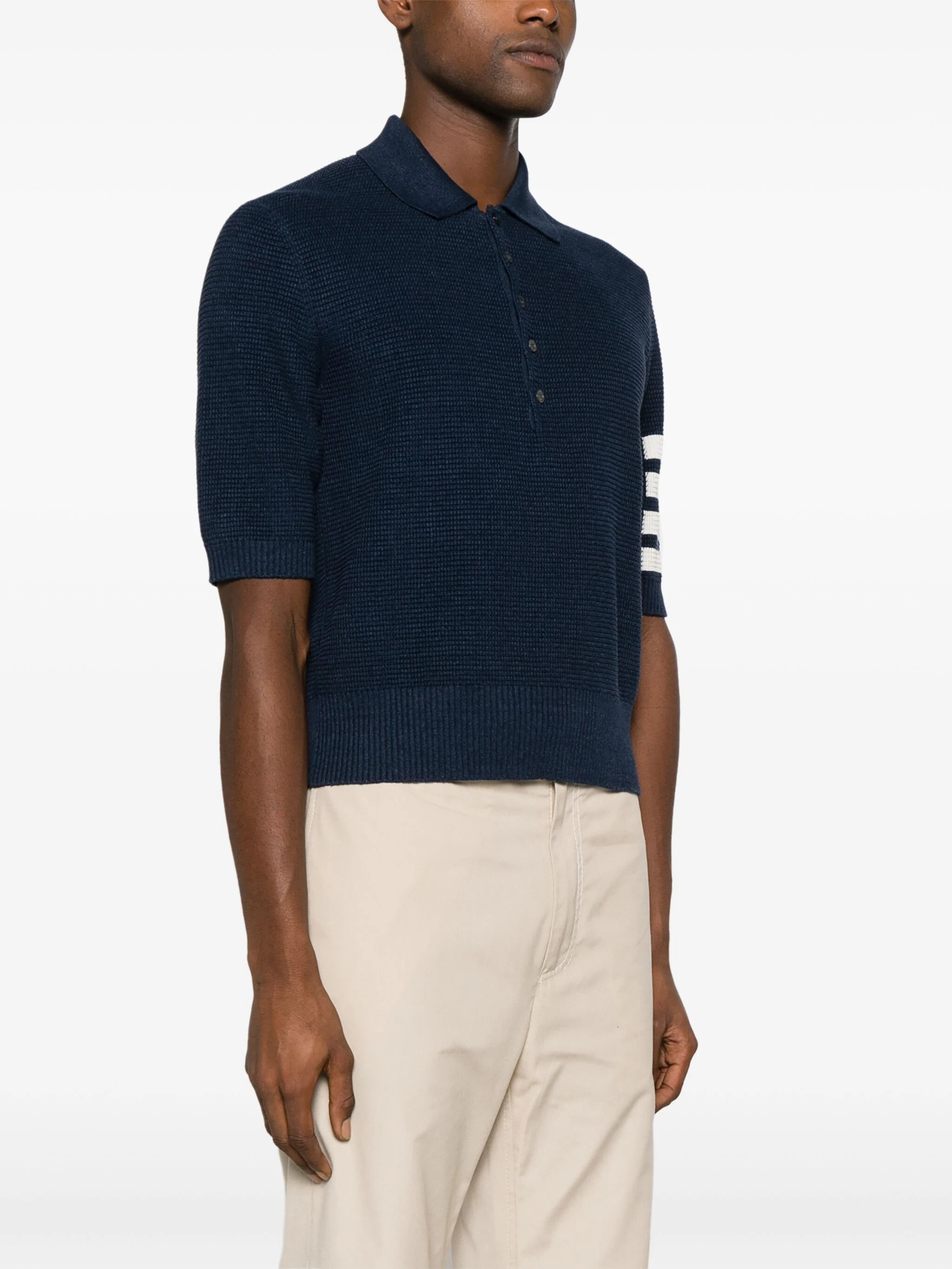 THOM BROWNE Men Textured Stitch Relaxed Fit SS Polo In Linen Cotton Blend W/4 Bar Stripes Intarsia - 2