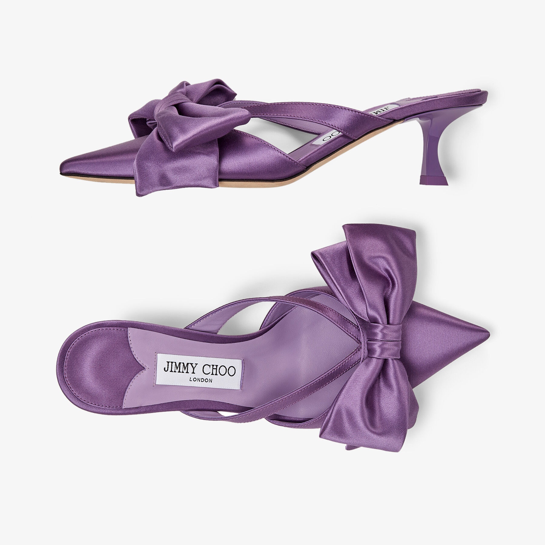 JIMMY CHOO Flaca Mule 50 Wisteria Satin Mules with Bow | REVERSIBLE