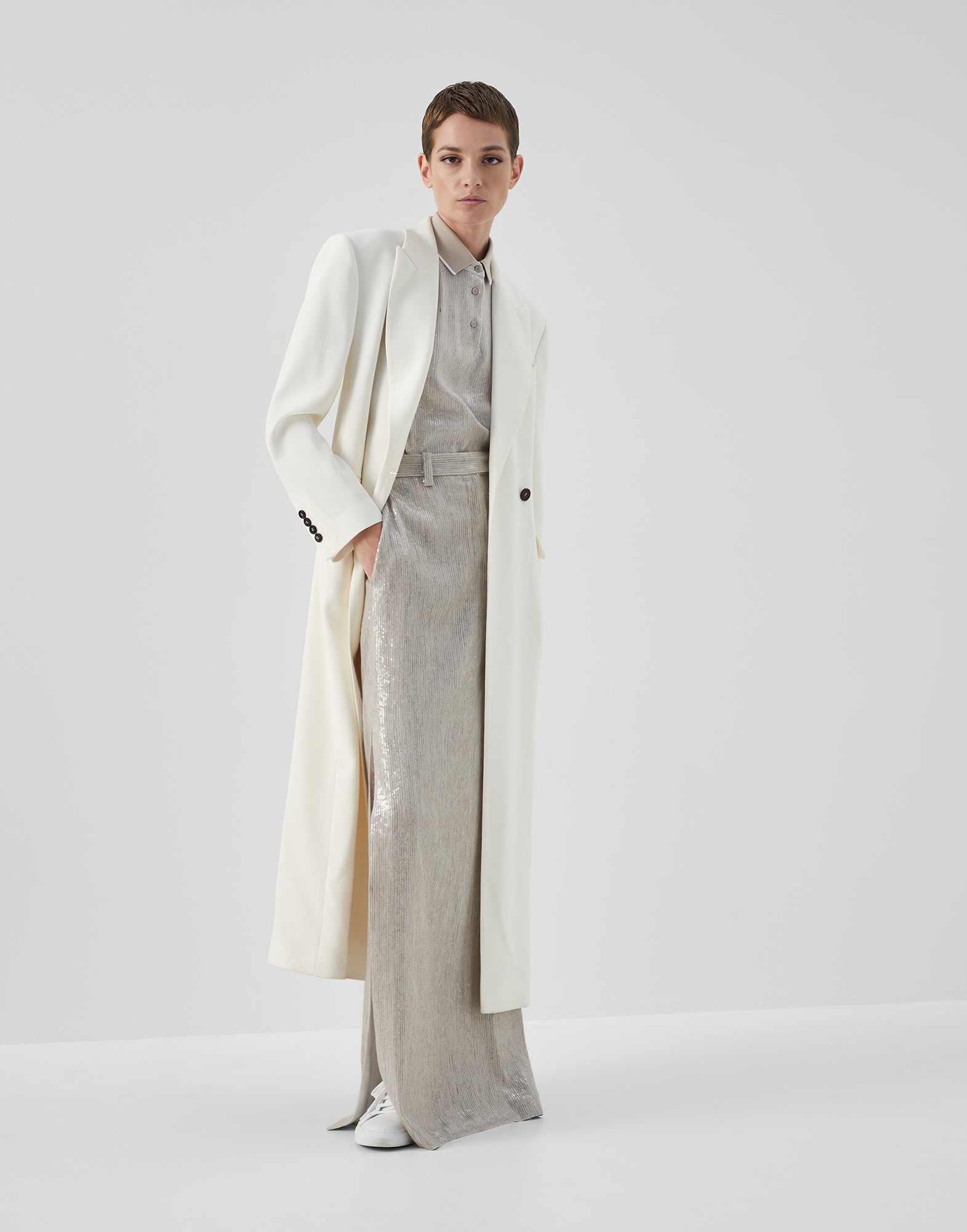 Viscose and virgin wool gabardine coat with monili - 5
