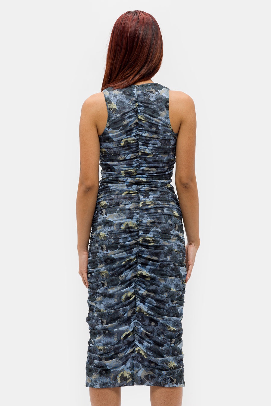 Printed Mesh Ruched Sleeveless Midi Dress in Brunnera Blue - 3
