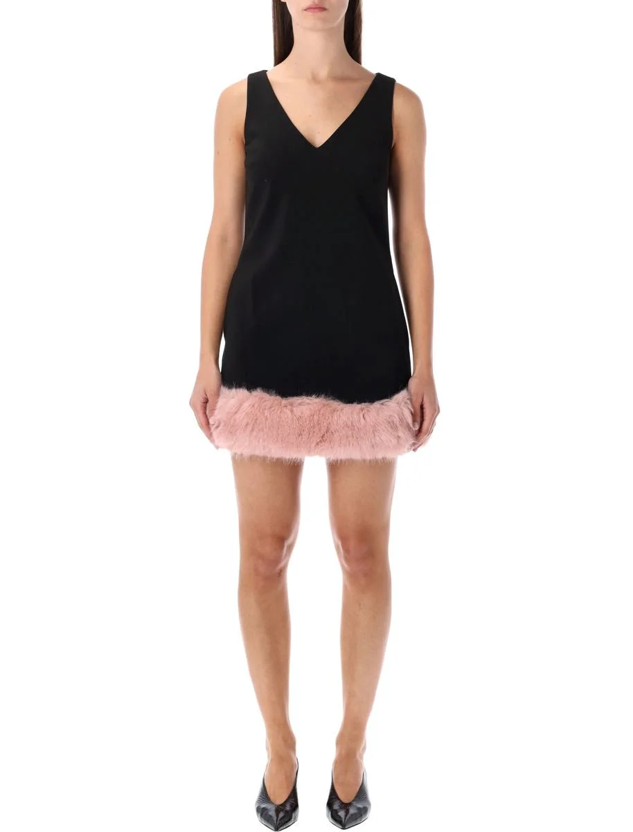 Self-Portrait Back Crepe Mini Dress With Pink Faux Fur Hem - 1