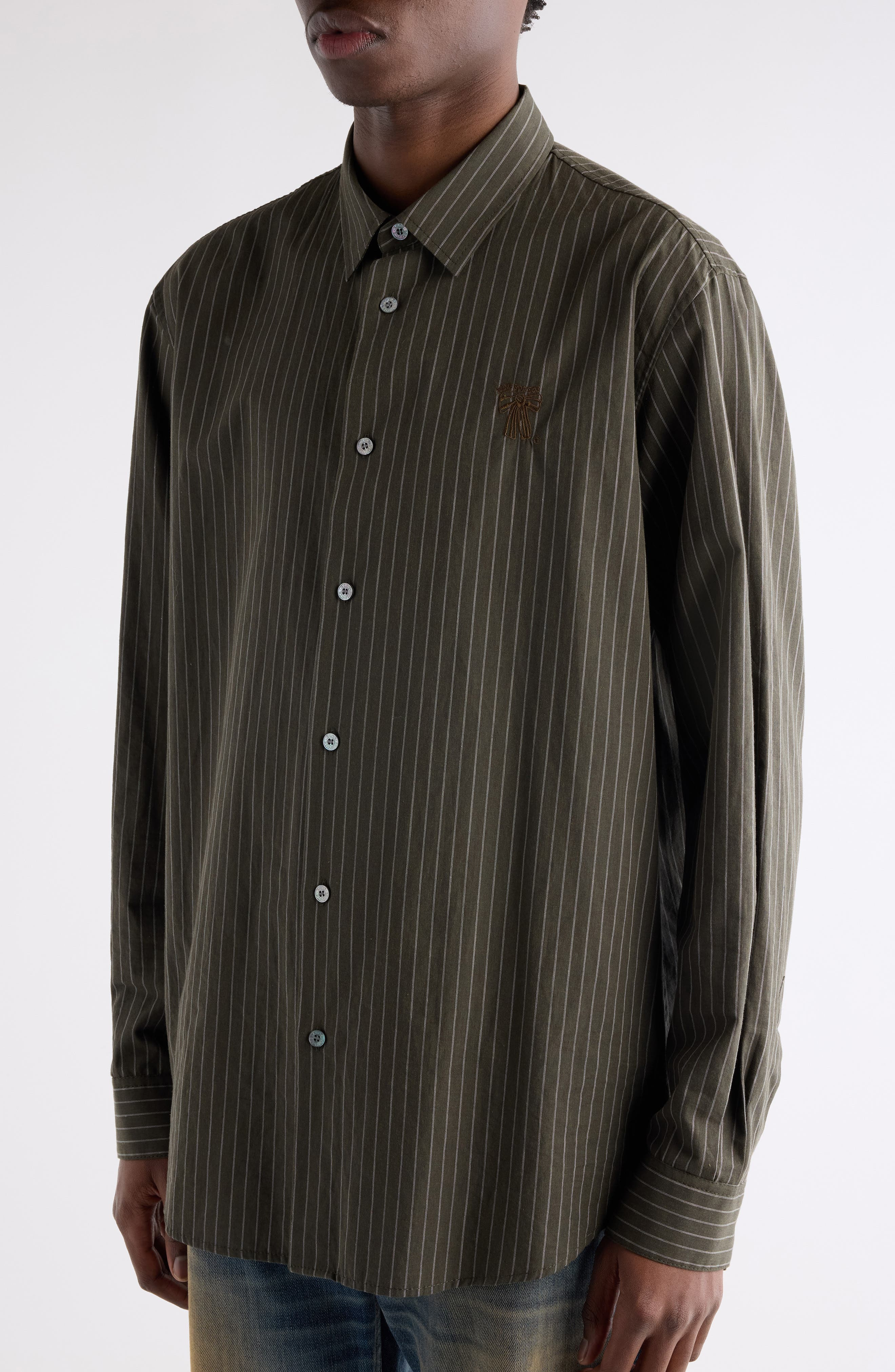 Acne Studios Sarow Stripe Poplin Button-Up Shirt in Green Melange at Nordstrom - 5