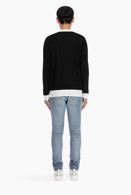 Black and white wool cardigan with small embroidered black Balmain logo - 3