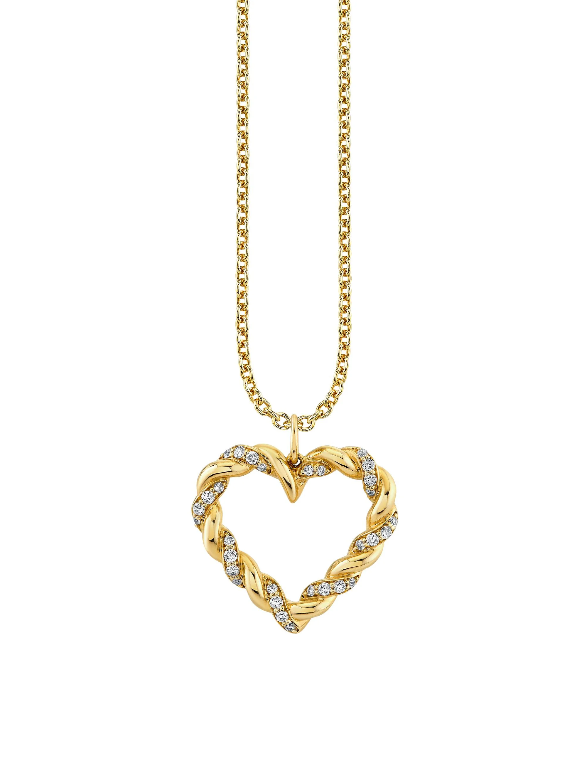 Women's Overboard Pave Rope Heart Charm On 18" Light Tiffany Chain - Yellow Gold - 1