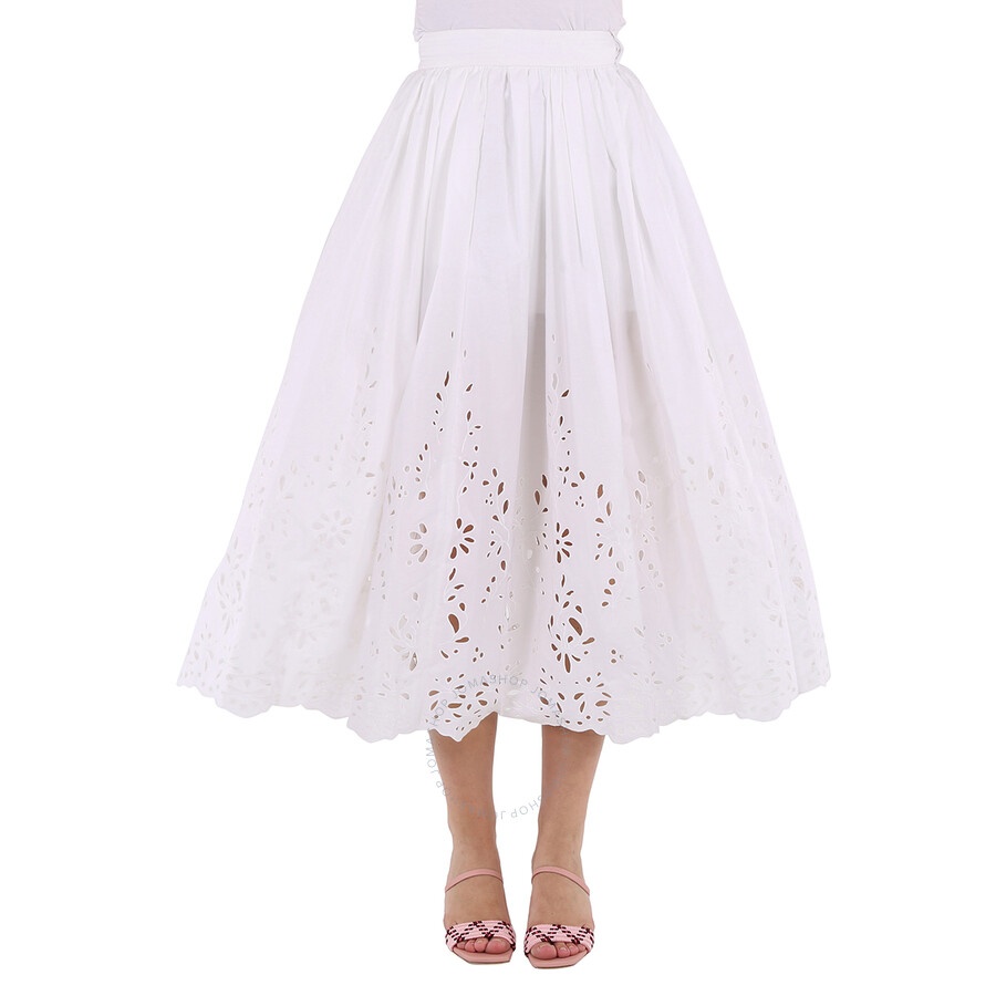 Chloe Ladies White Broderie Anglaise Flared Embroidered Midi Skirt - 4