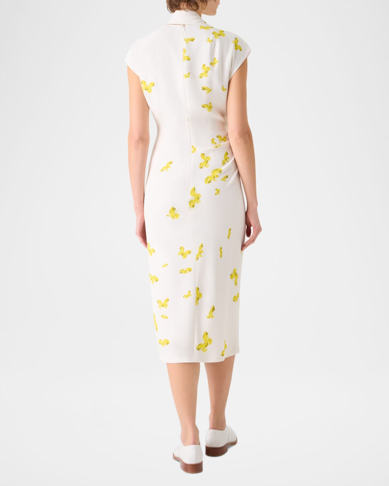Butterfly-Print Viscose Crepon Ruched Midi Dress With Scarf 3