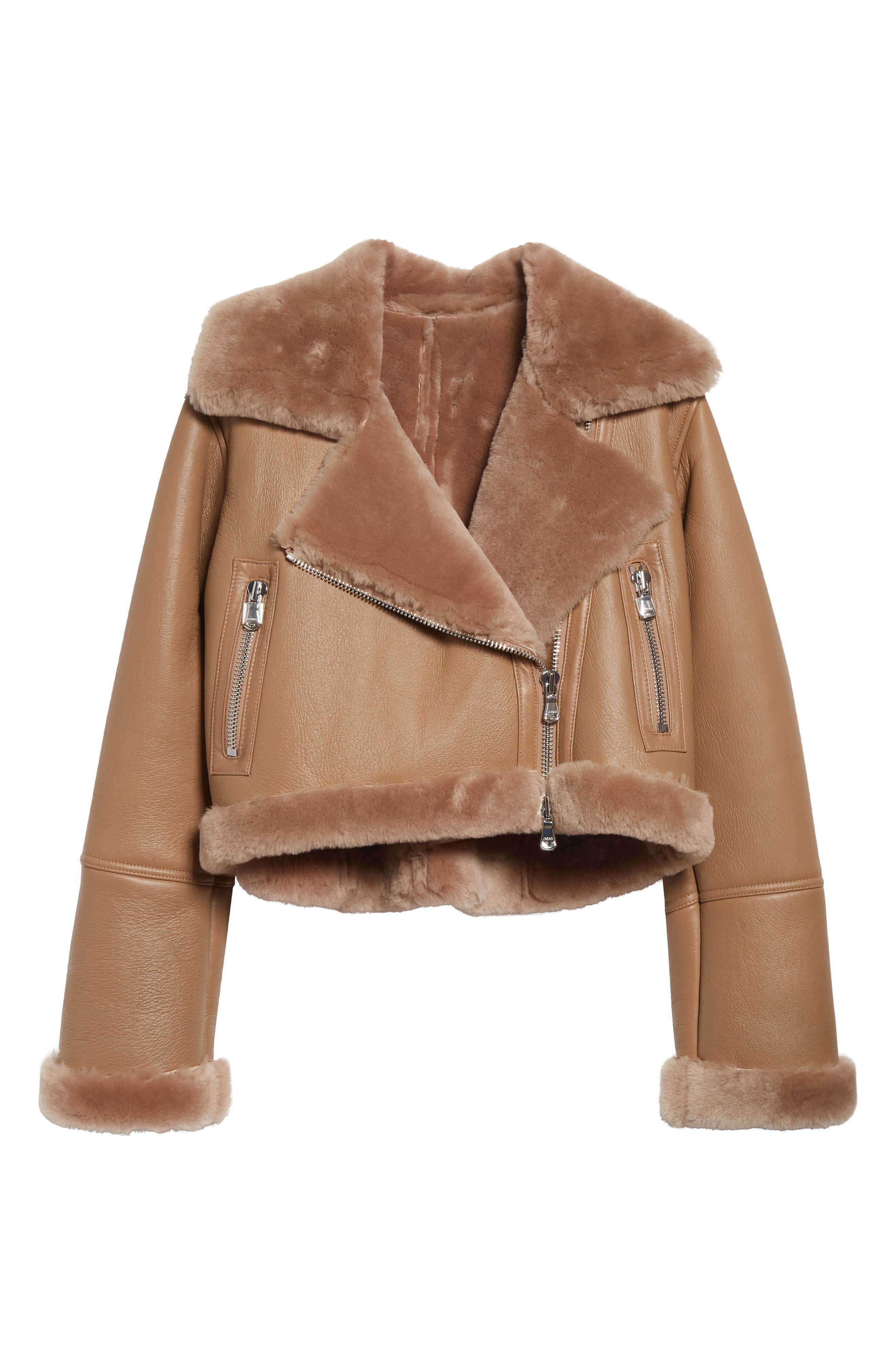 L'AGENCE Pike Leather & Genuine Shearling Crop Jacket in Chanterelle at Nordstrom - 7