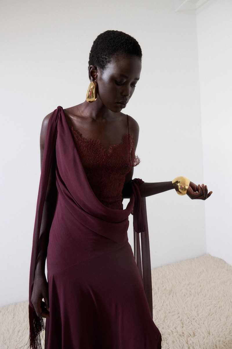 De La Vali MISTRAL MIDI DRESS IN EARTH CHIFFON & LACE outlook