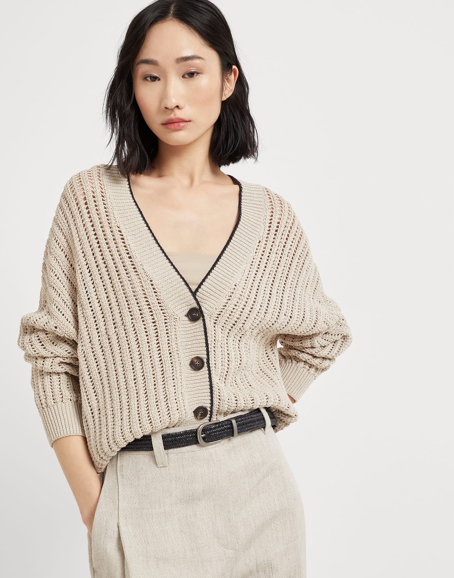 Cotton openwork rib cardigan with monili - 4