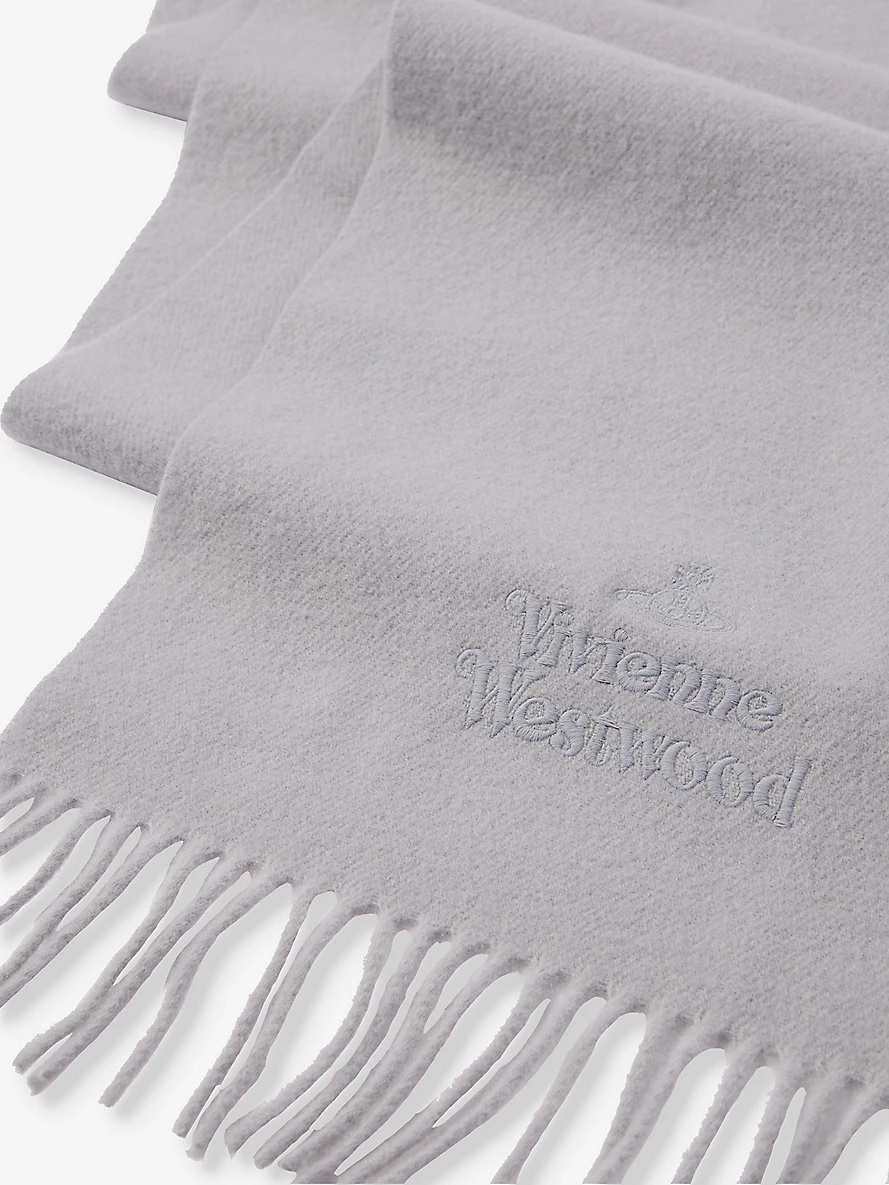 Brand-embroidered fringed-trim wool scarf - 2
