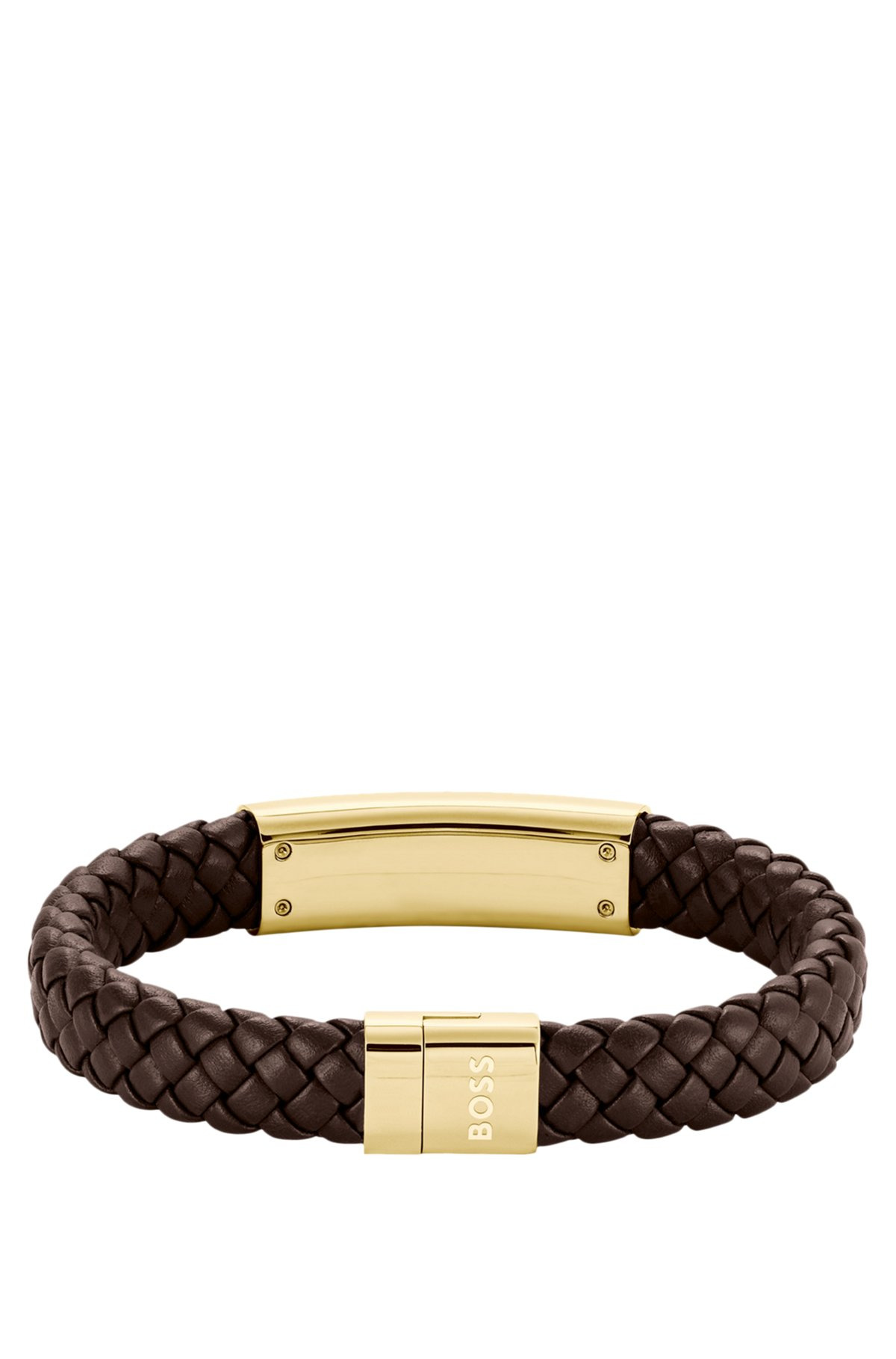 BROWN BRAIDED-LEATHER CUFF WITH GOLD-TONE LOGO PLATE - 2