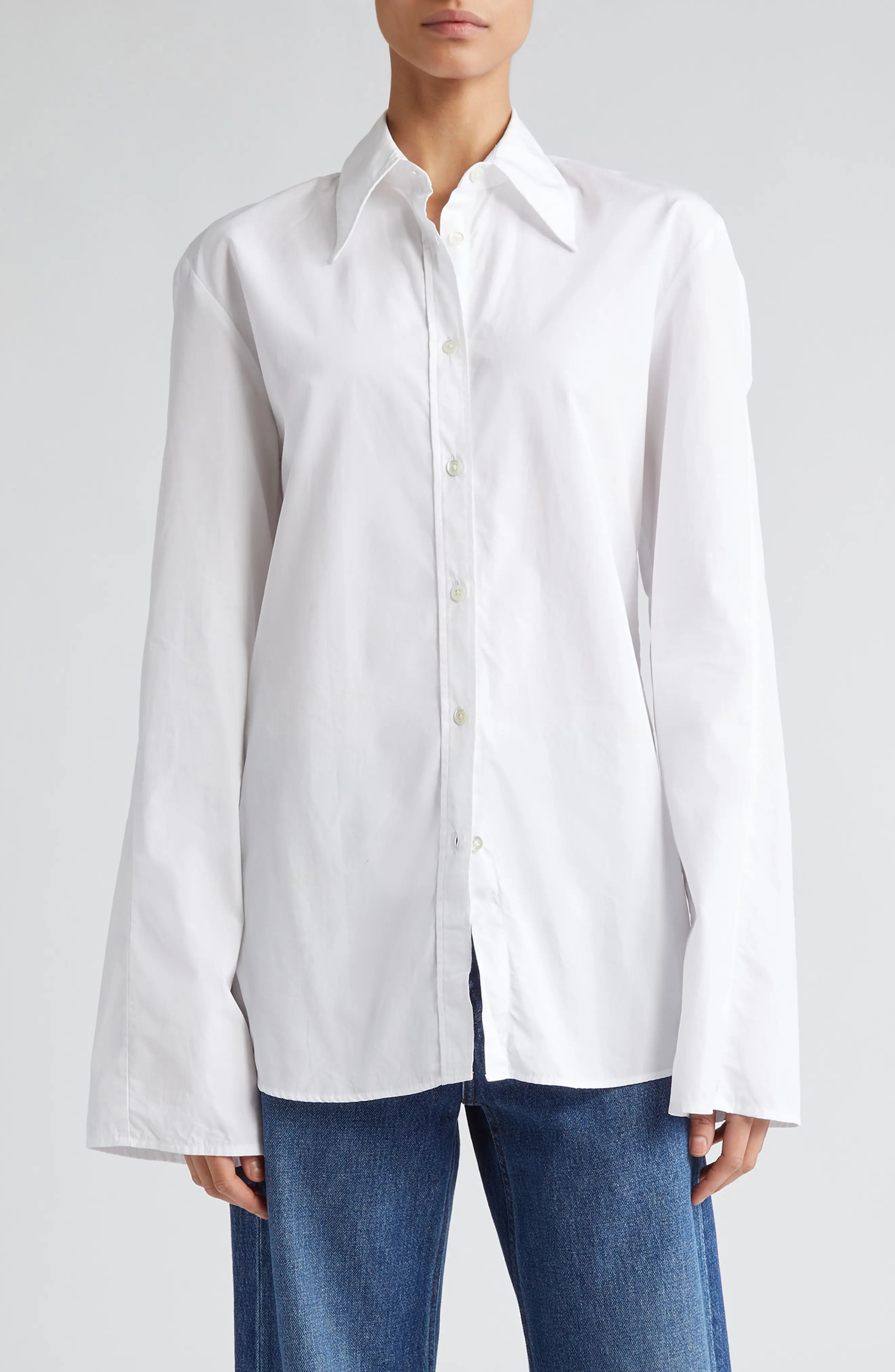 Fluted Sleeve Organic Cotton Poplin Button-Up Shirt - 1