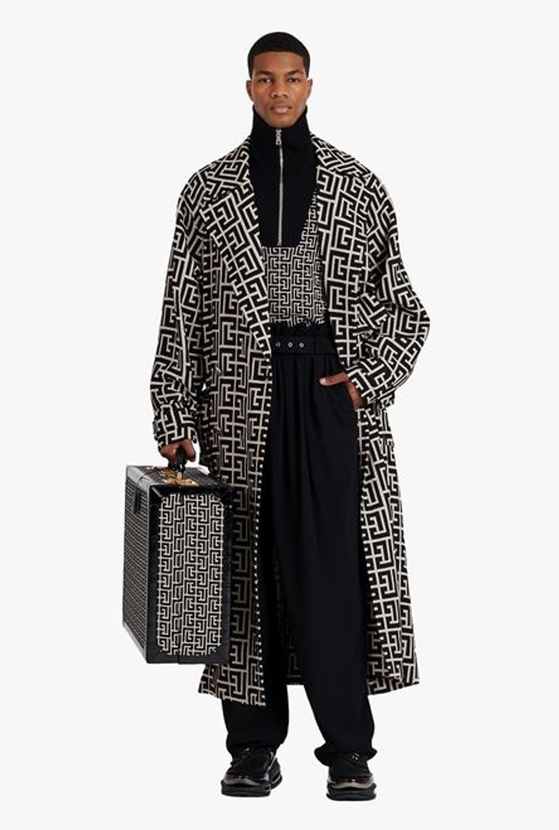 Balmain Bicolor ivory and black wool trench coat with Balmain monogram outlook