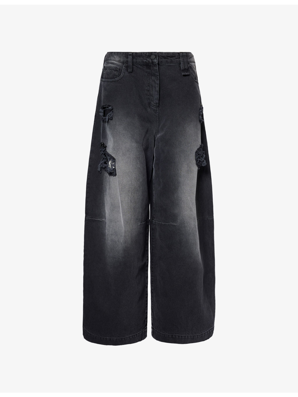 Embellished Distressed Wide-Leg Denim Jeans - 1