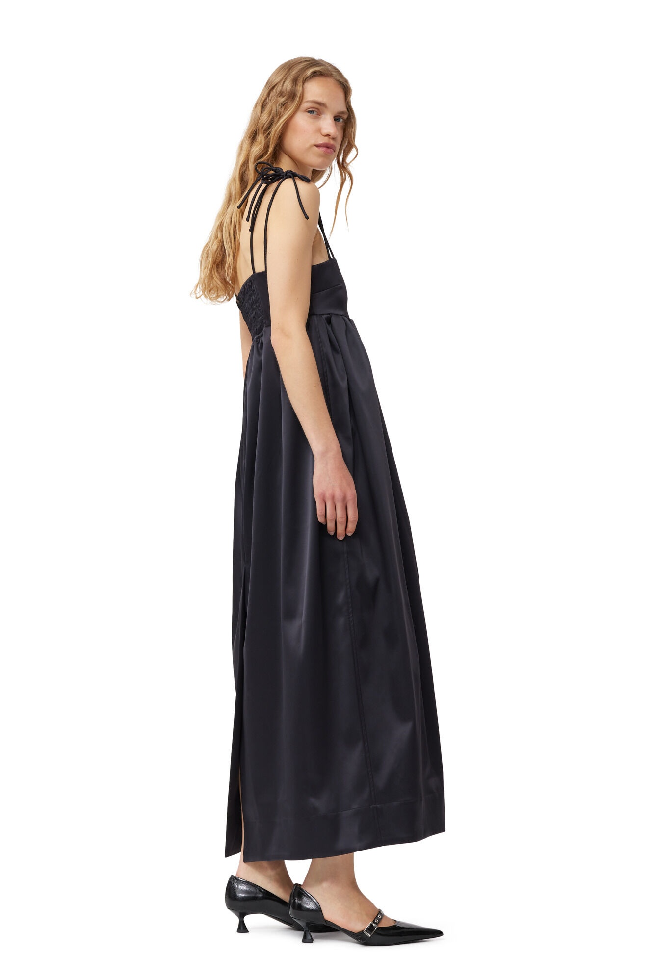 BLACK DOUBLE SATIN STRING LONG DRESS - 4