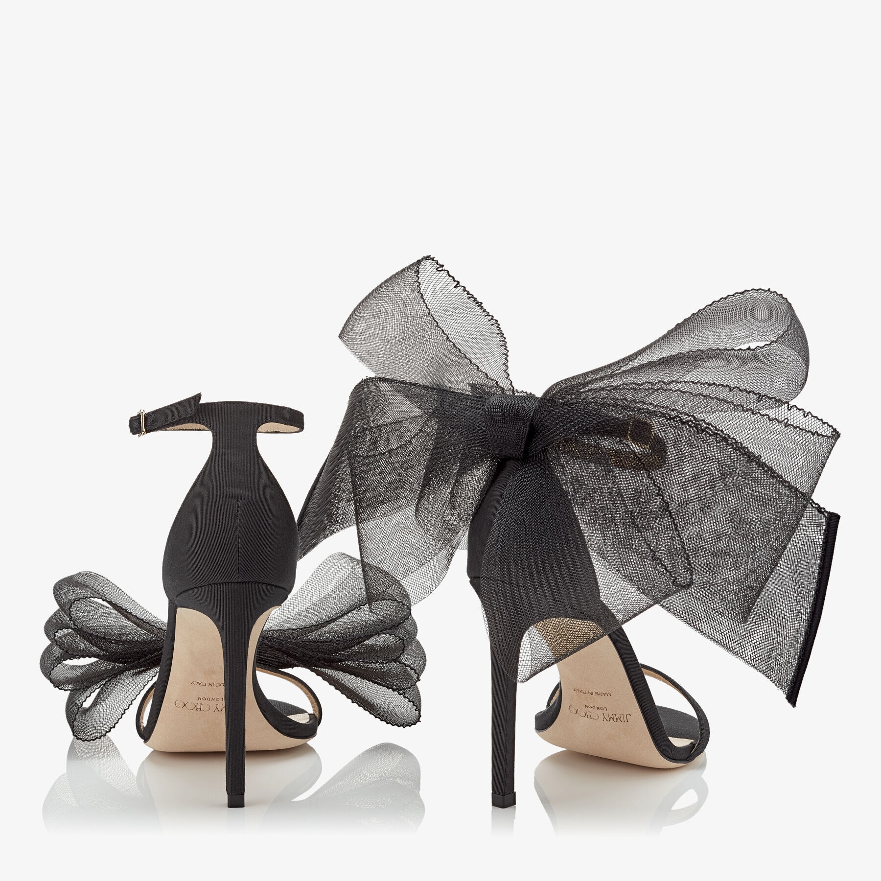 Aveline 100
Black Sandals with Asymmetric Grosgrain Mesh Fascinator Bows - 5