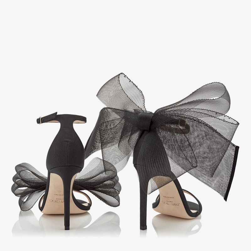 Aveline 100 Black Sandals with Asymmetric Grosgrain Mesh Fascinator Bows 5