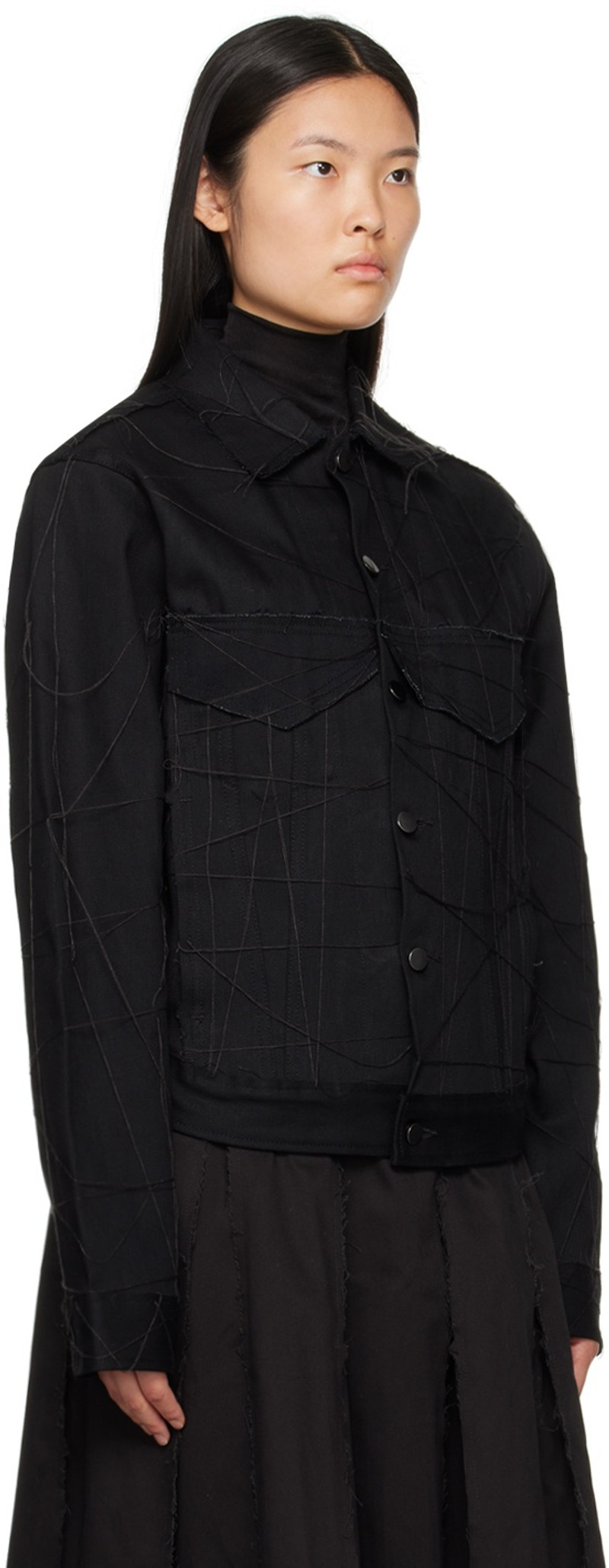 AIREI Black Stitched Denim Jacket outlook