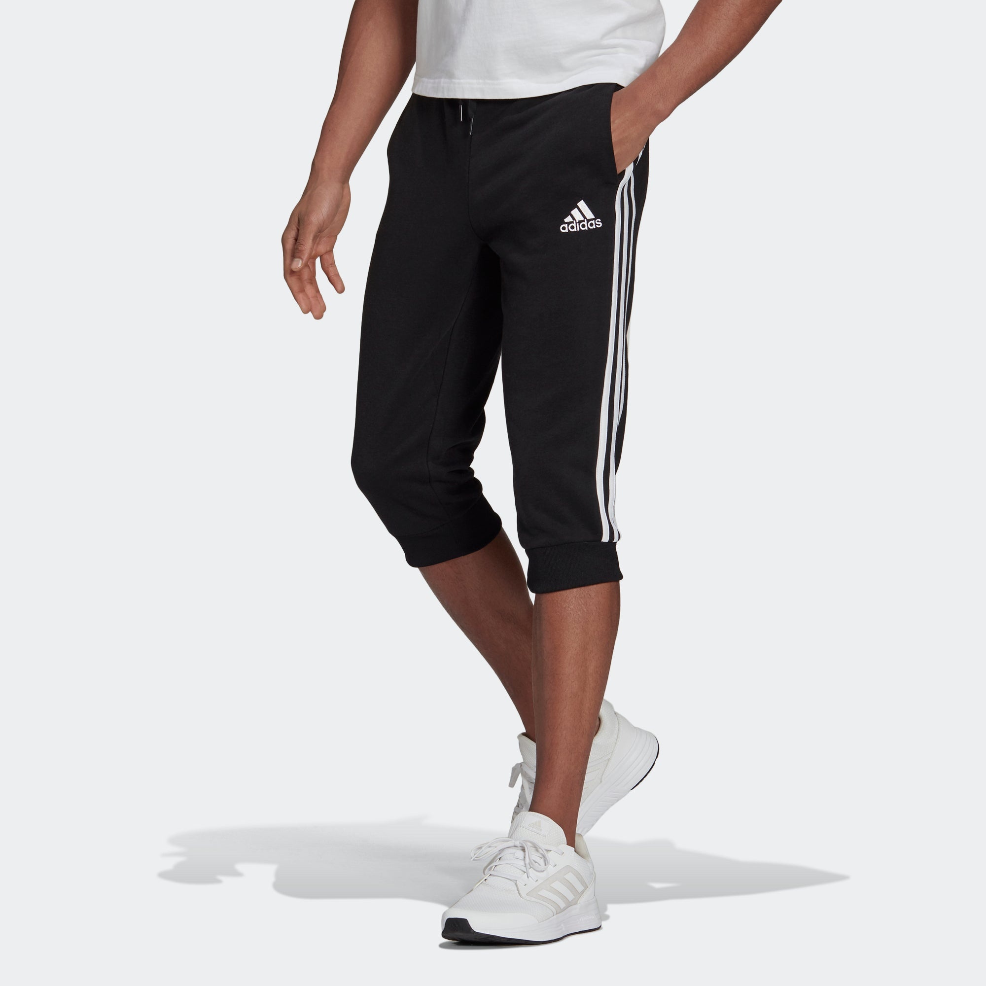 adidas M 3s Ft Tc 34pt Logo Embroidered Stripe Knit Bundle Feet Cropped Pants Black GK8987 - 3