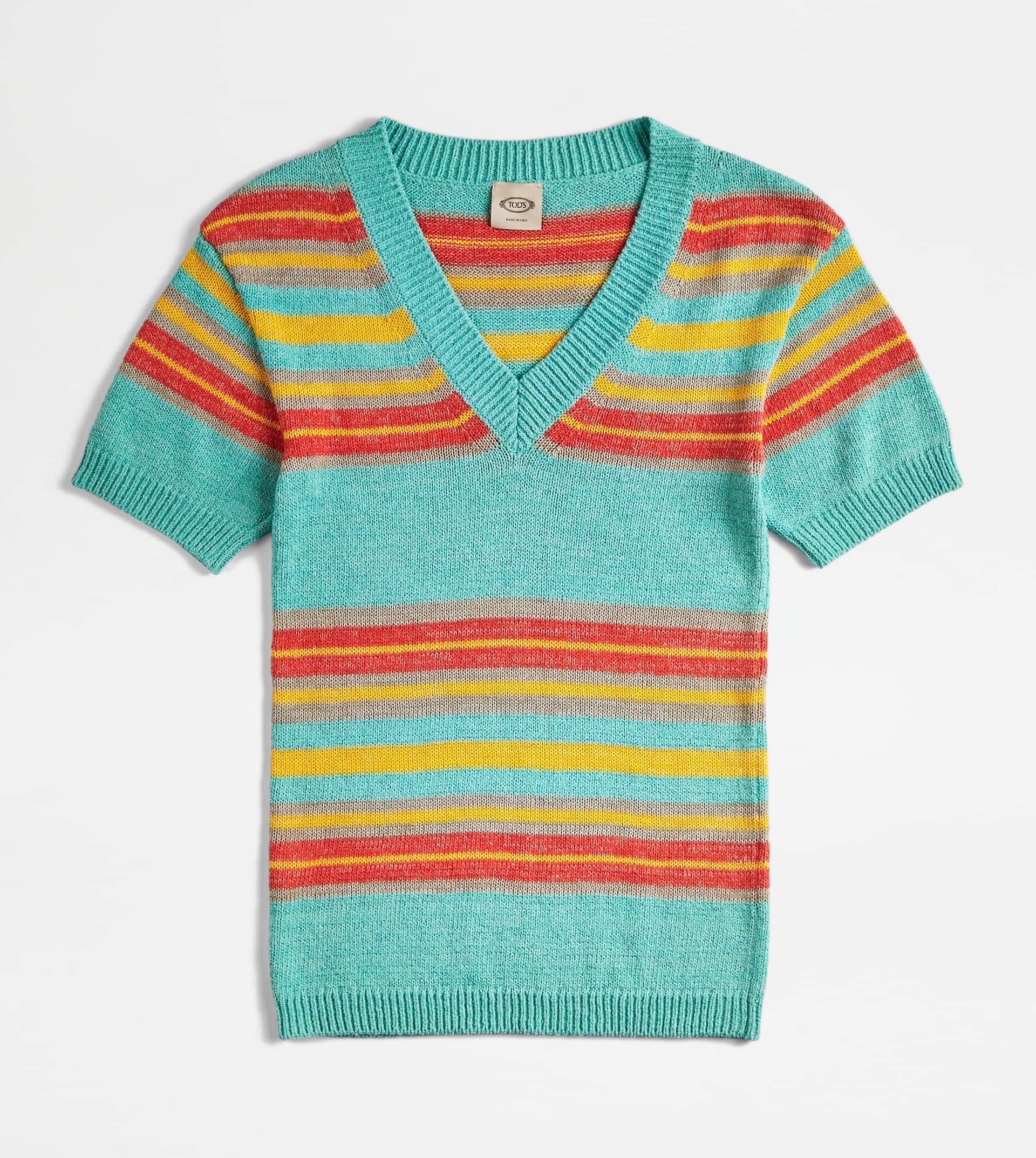 SHORT-SLEEVED LINEN BLEND JUMPER - LIGHT BLUE, YELLOW, ORANGE - 1