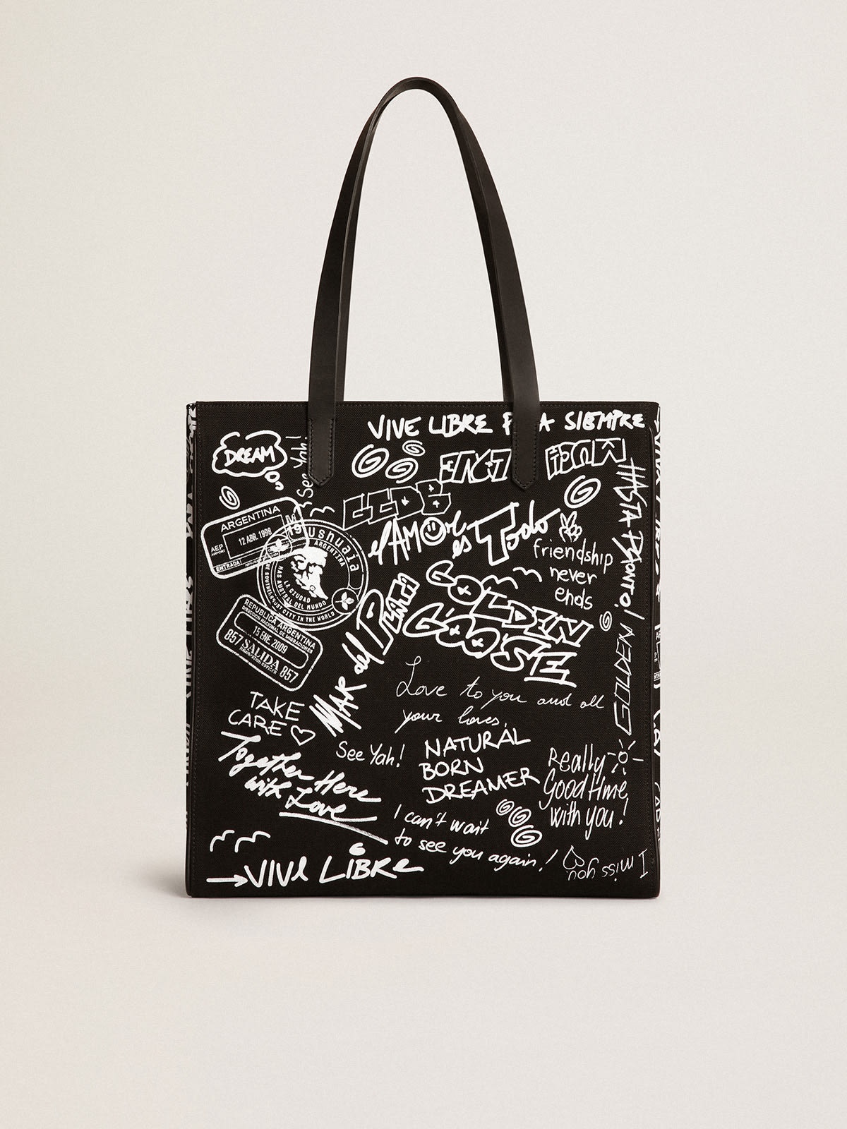 Black North-South California Bag with contrasting white graffiti print - 1
