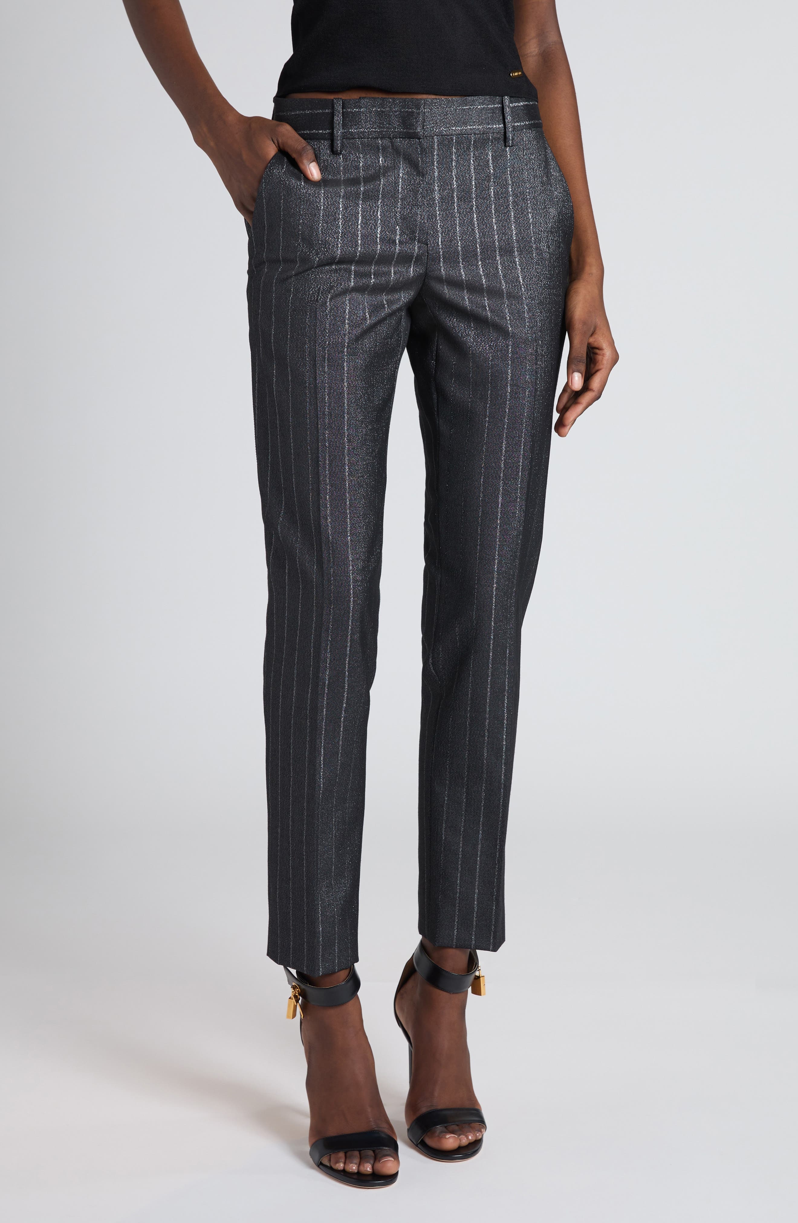 TOM FORD Metallic Stripe Wool Blend Ankle Pants in Dark Silver at Nordstrom - 1
