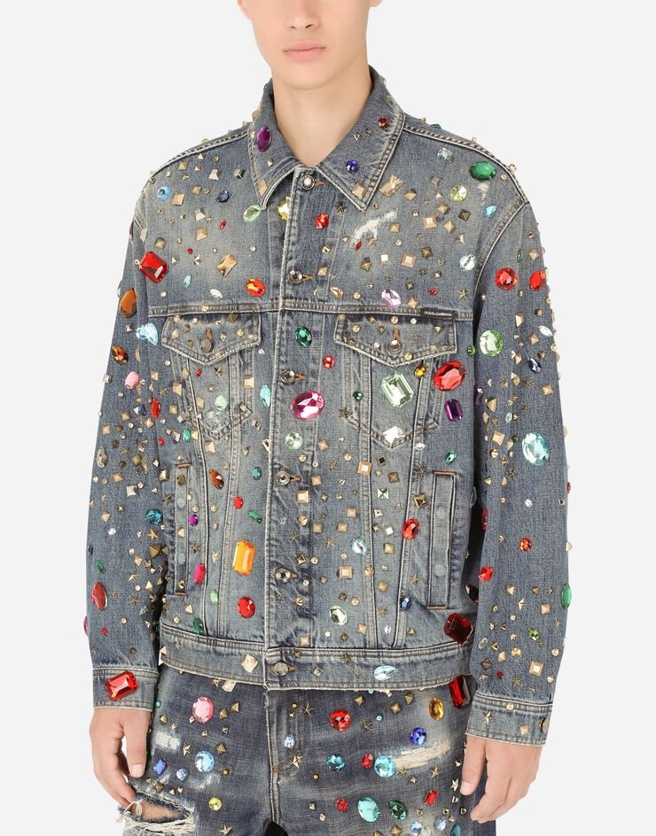 Oversize denim jacket with crystal and stud embellishment - 4