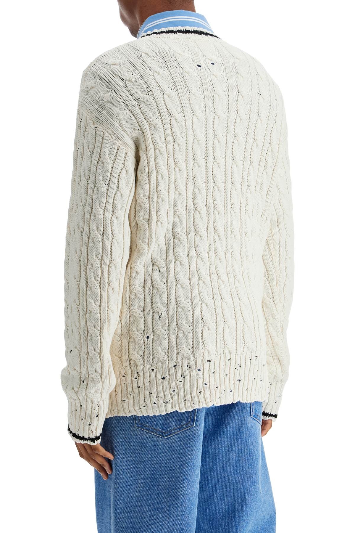 Marni white cotton sweater with cable knit v-neck - 3