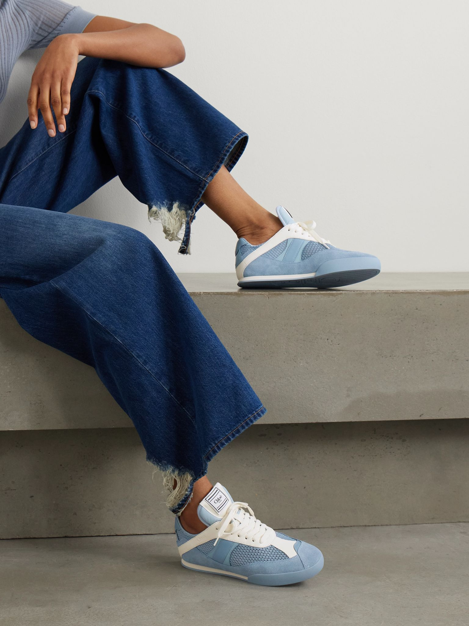 Kick suede and leather-trimmed mesh sneakers Sky blue - 2