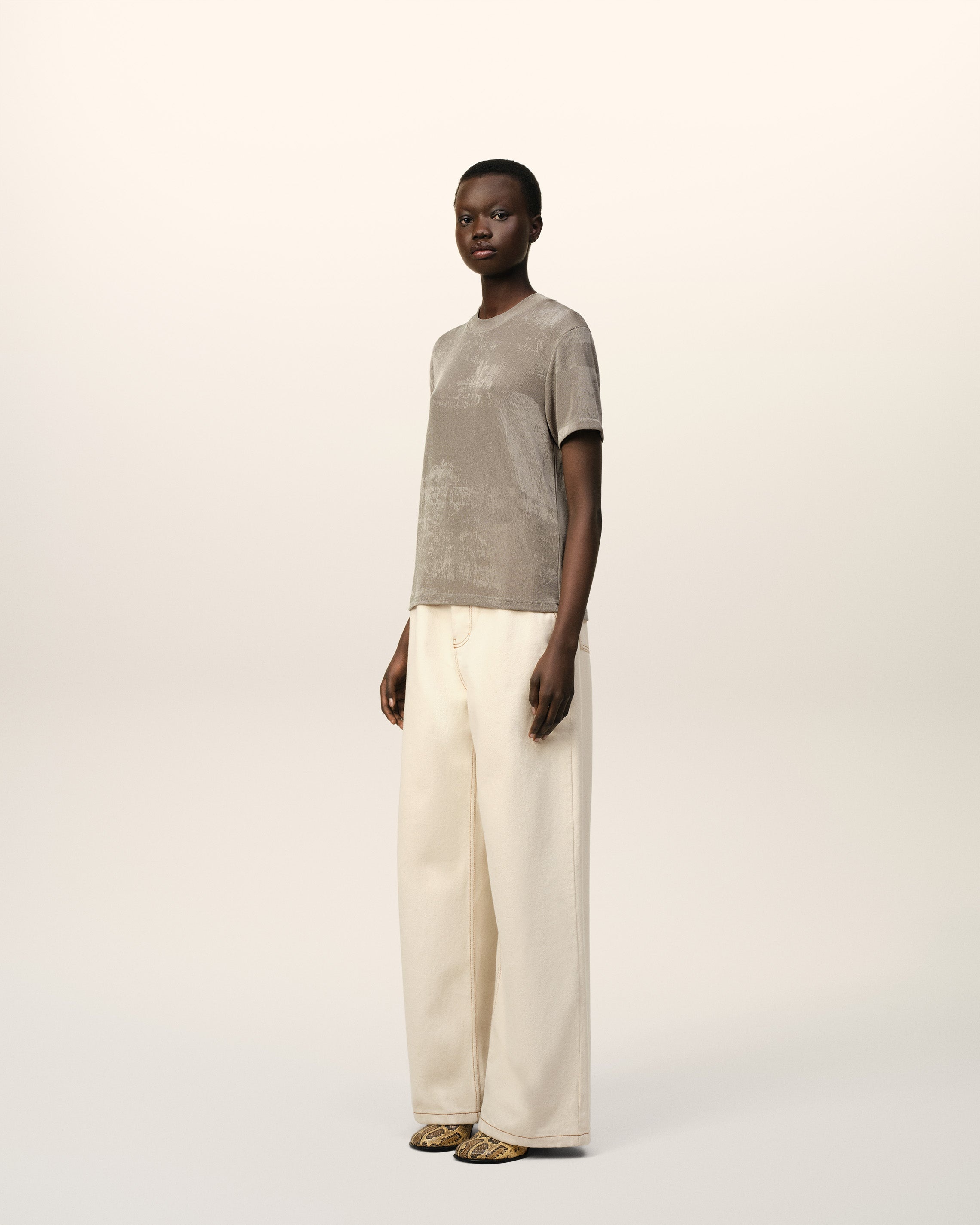 BEIGE SHINY JERSEY SHORT SLEEVE T-SHIRT - 6