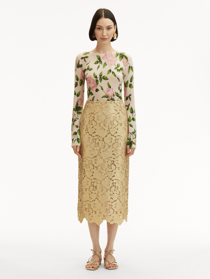 Oscar de la Renta GOLD FOIL ROSE GUIPURE SKIRT outlook