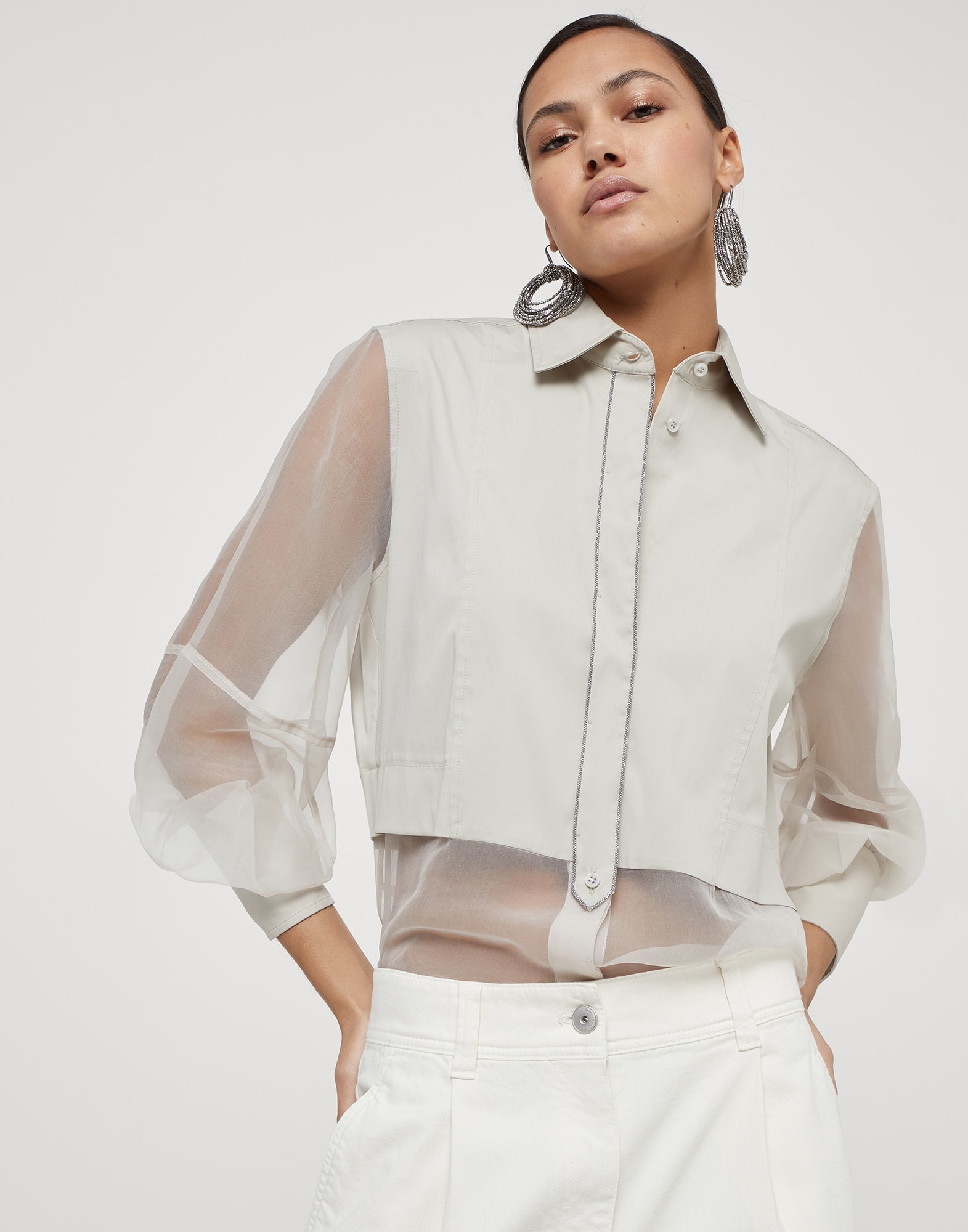 Stretch cotton poplin and crispy silk shirt with shiny trims - 4