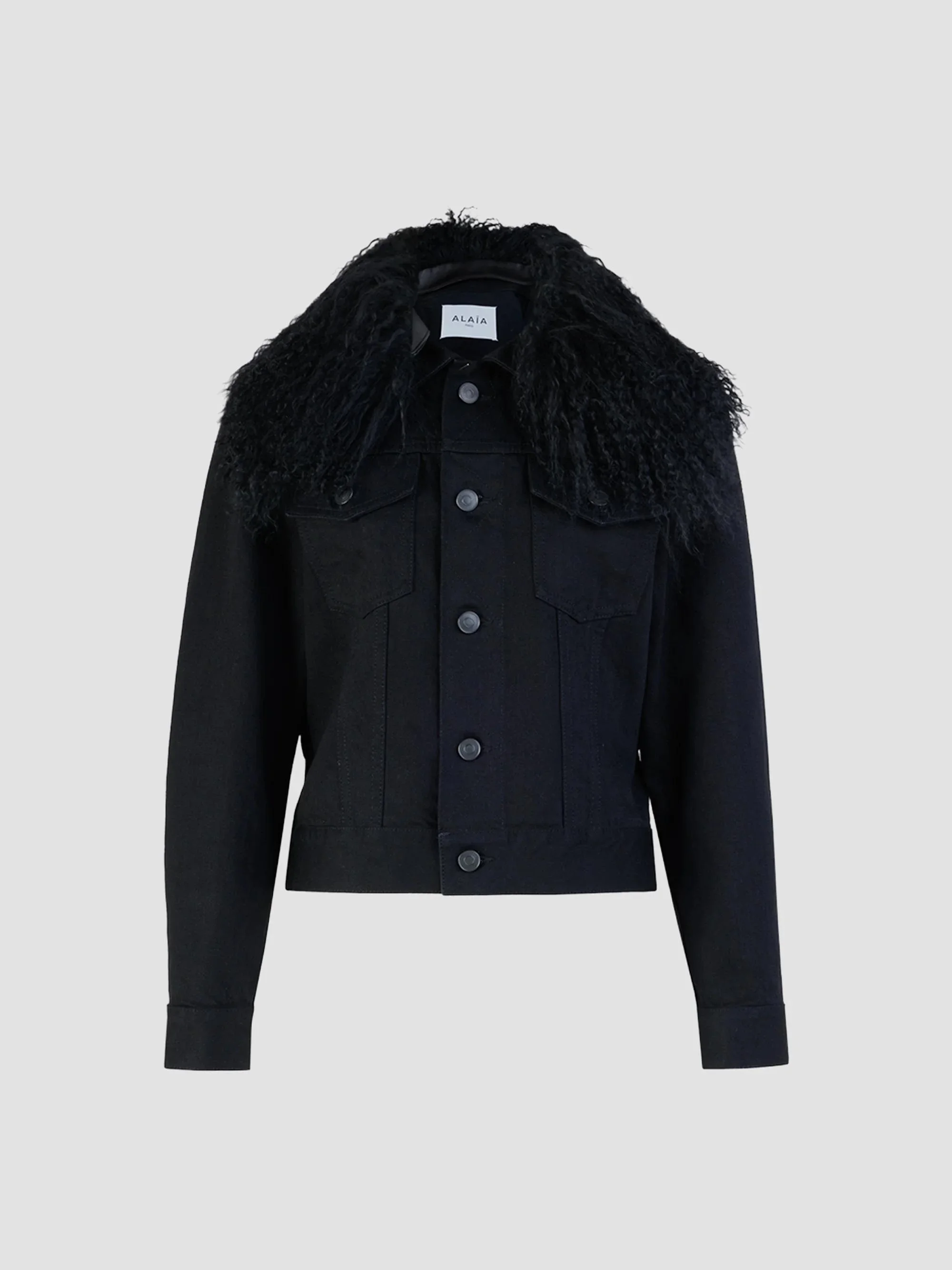 Women's Shearling-Collar Denim Trucker Jacket - Noir Alaia - 1