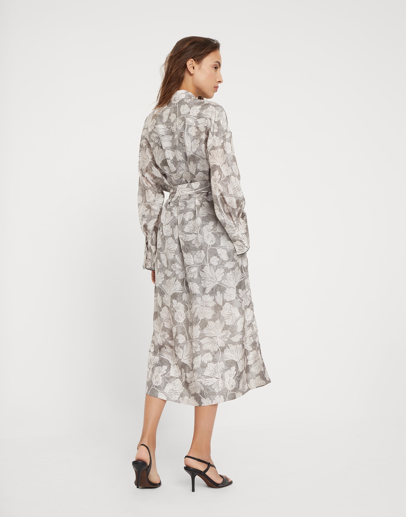 Silk ginkgo print pongée shirt dress with belt and shiny cuff details - 2