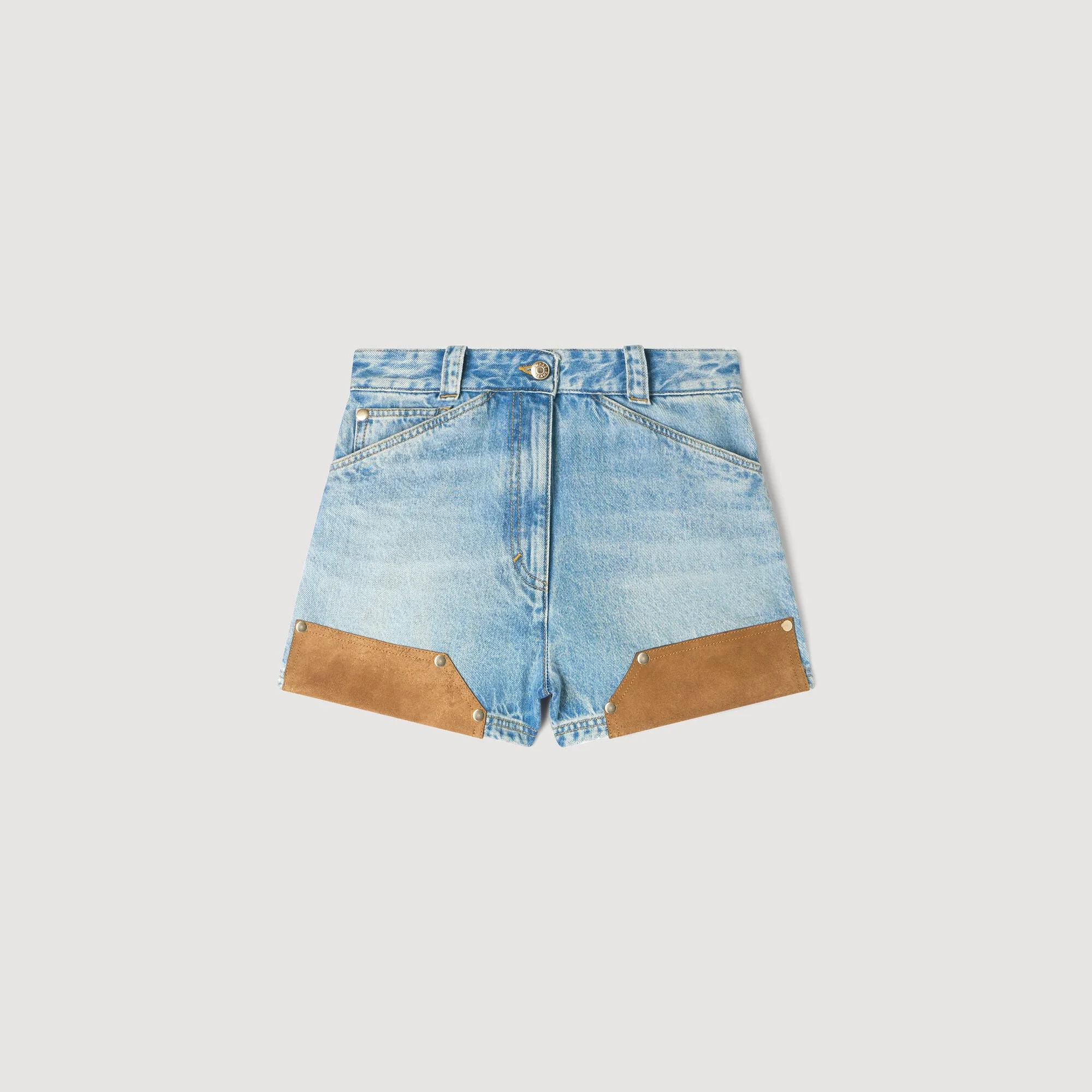 RIVETED DENIM AND SUEDE SHORTS - 1